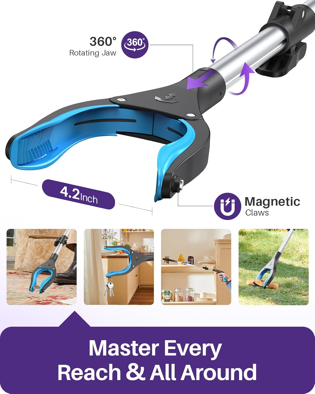 KEKOY Pro 40-inch Reacher Grabber Pickup Tool 2 Pack, Foldable Grabbers for Seniors Heavy Duty Pick Up Trash Stick with Anti-Slip 360° Rotating Jaw, 4" Wide Extended Weed Gripper Claw with Magnet