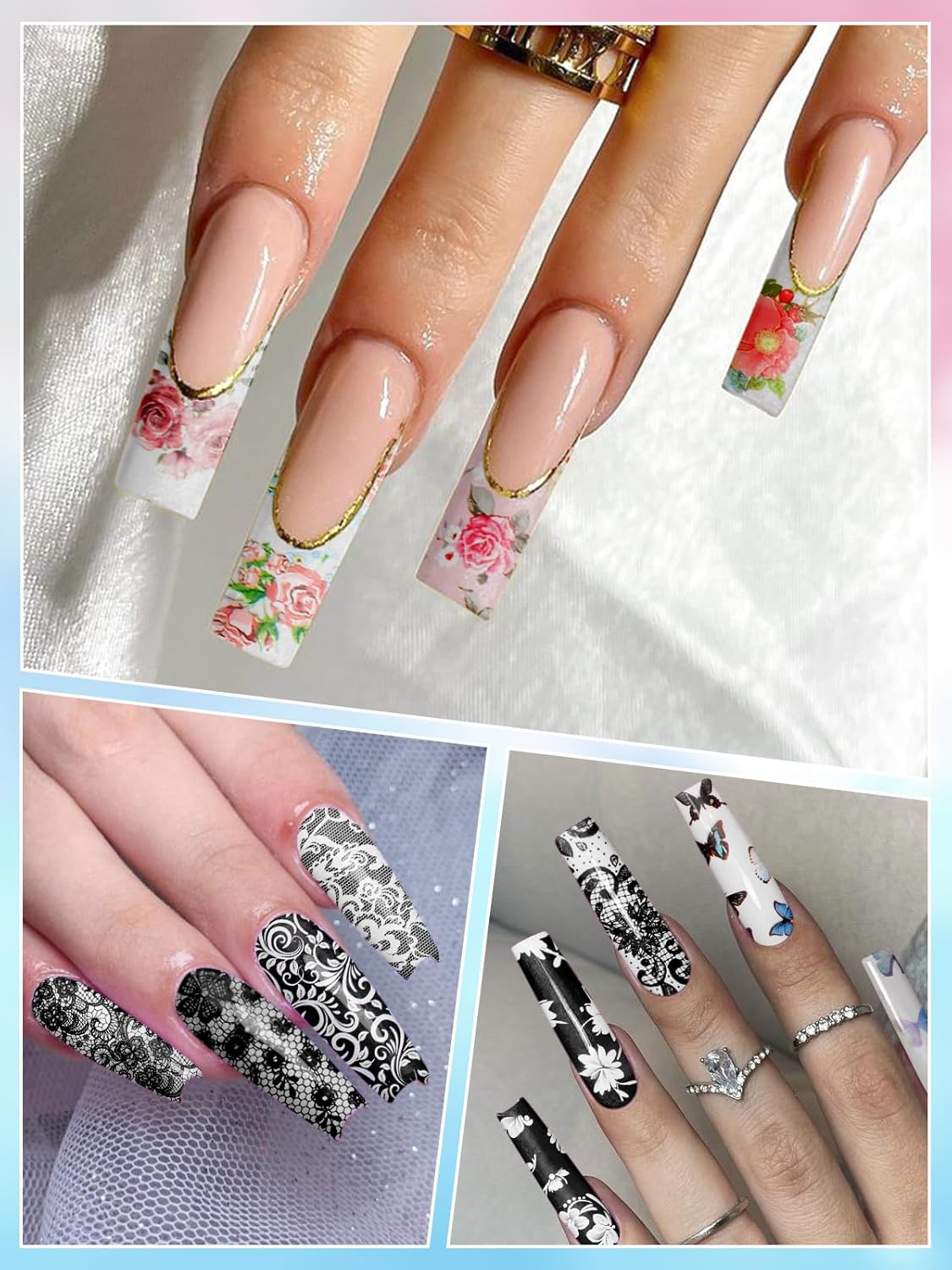 Kalolary 30ML Nail Foil Glue Gel with 20Pcs Foil Transfer Stickers Set, Starry Sky Lace Flower Transfer Stickers DIY Decoration for Salon or Home Use