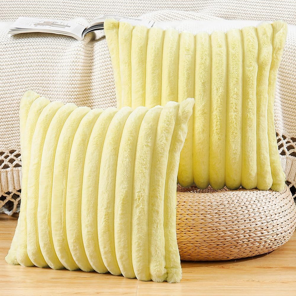 MADIZZ Set of 2 Faux Wool Plush Decorative Throw Pillow Covers 16x16 Inch Yellow Fluffy Striped Soft Decorative Cushion Cover for Sofa Bedroom Pillow Shell