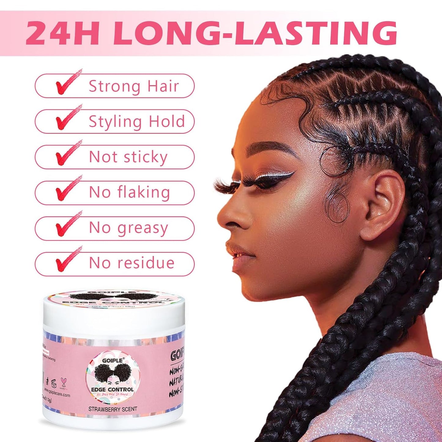 Goiple Edge Control Wax for Women Strong Hold Non-greasy Edge Smoother Strawberry Scent Edge Control Wax + Edge Scarf + Hair Bonnet, Pink