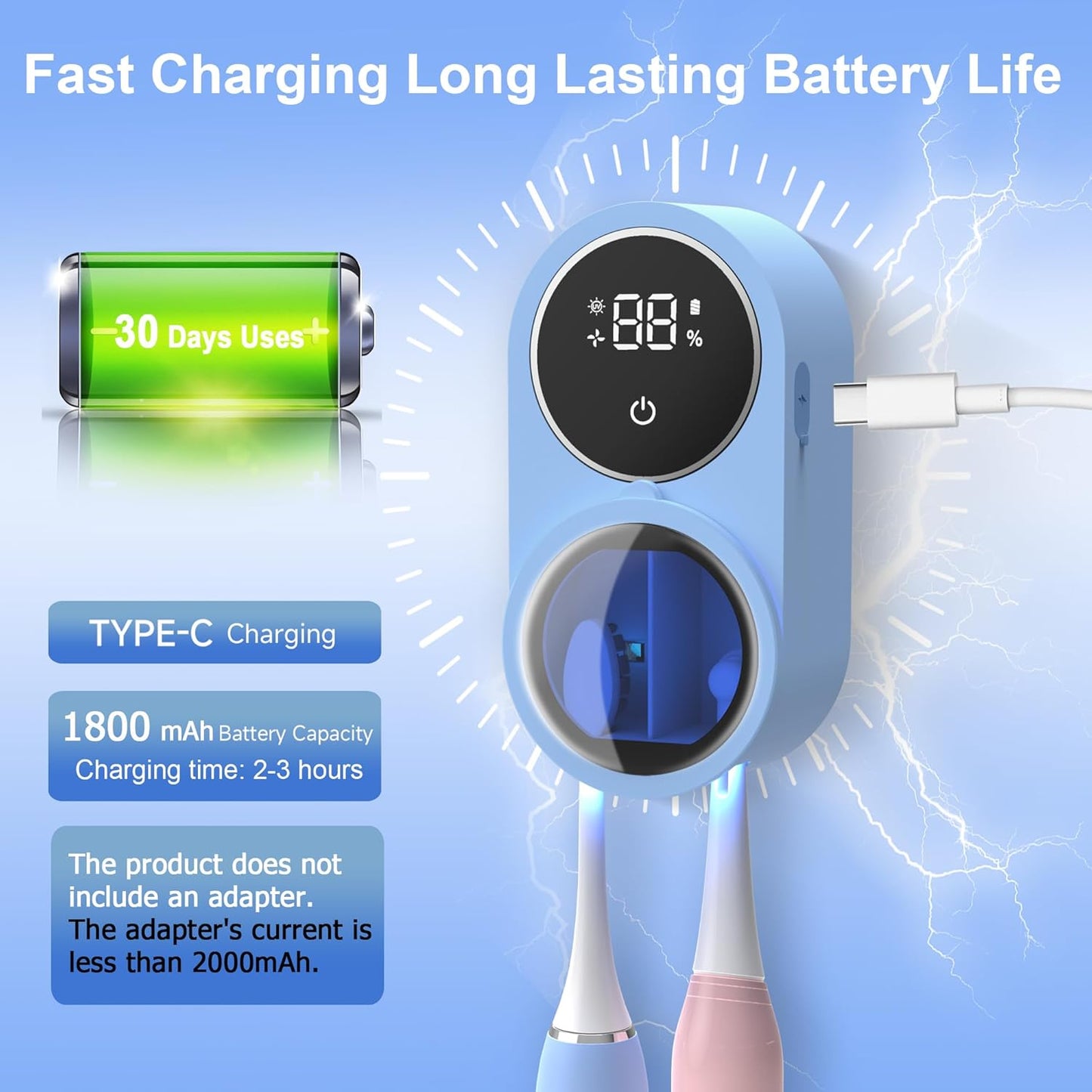 Toothbrush Holder and Cleaner for Bathroom Light Cleaning Fan Drying Round in Circle Automatic Rotating Cover Wall Mounted Smart Home Gadgets (02 Blue)