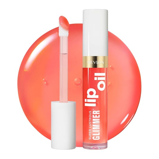 REVLON Super Lustrous Glimmer Lip Oil, Moisturizing & Tinted, Shiny Finish, Made with Plant-Based Squalane, 002 Miss Coral, 0.13 fl oz