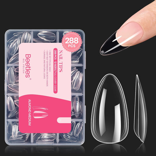 Beetles Gel Nail Tips Clear, Almond Medium, 288Pcs 10 Sizes, Pre-shaped Full Cover Soft Acrylic False Press On Nail Tips Almond Shape Easy Home DIY Fall Fake Nail Extension Art Salon Gift for Women