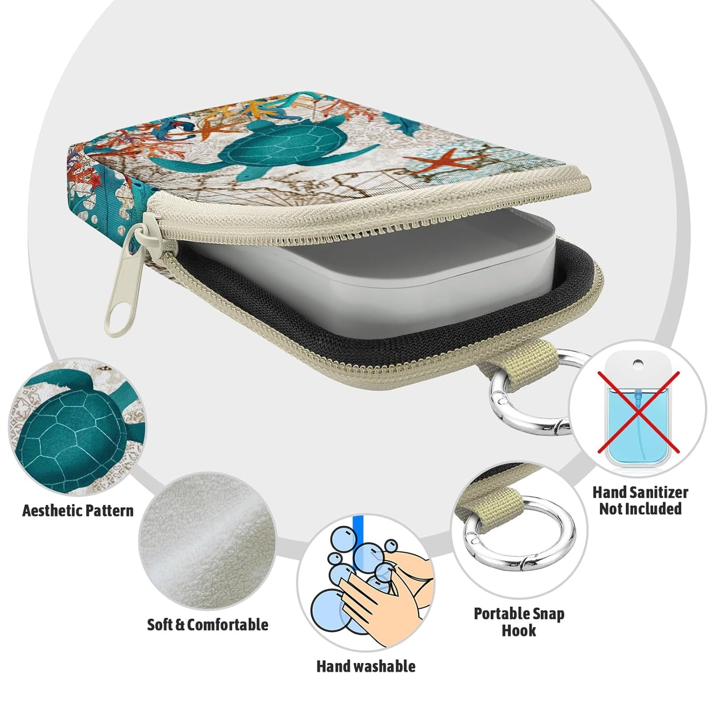 Cute Sea Turtle Hand Sanitizer Spray Case, Hand Sanitizer Holder Zippered Pouch, Fashion Accessory with Snap Hook for Glow Mist and Power Mist 1FL OZ