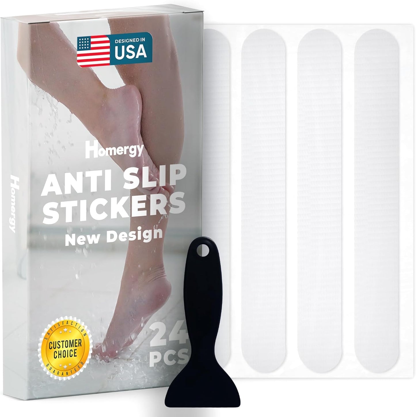 Homergy Anti Slip Shower Stickers 24 PCS, White Non-Slip Shower Strips for Adults, Premium Adhesive Bath Tub Stickers
