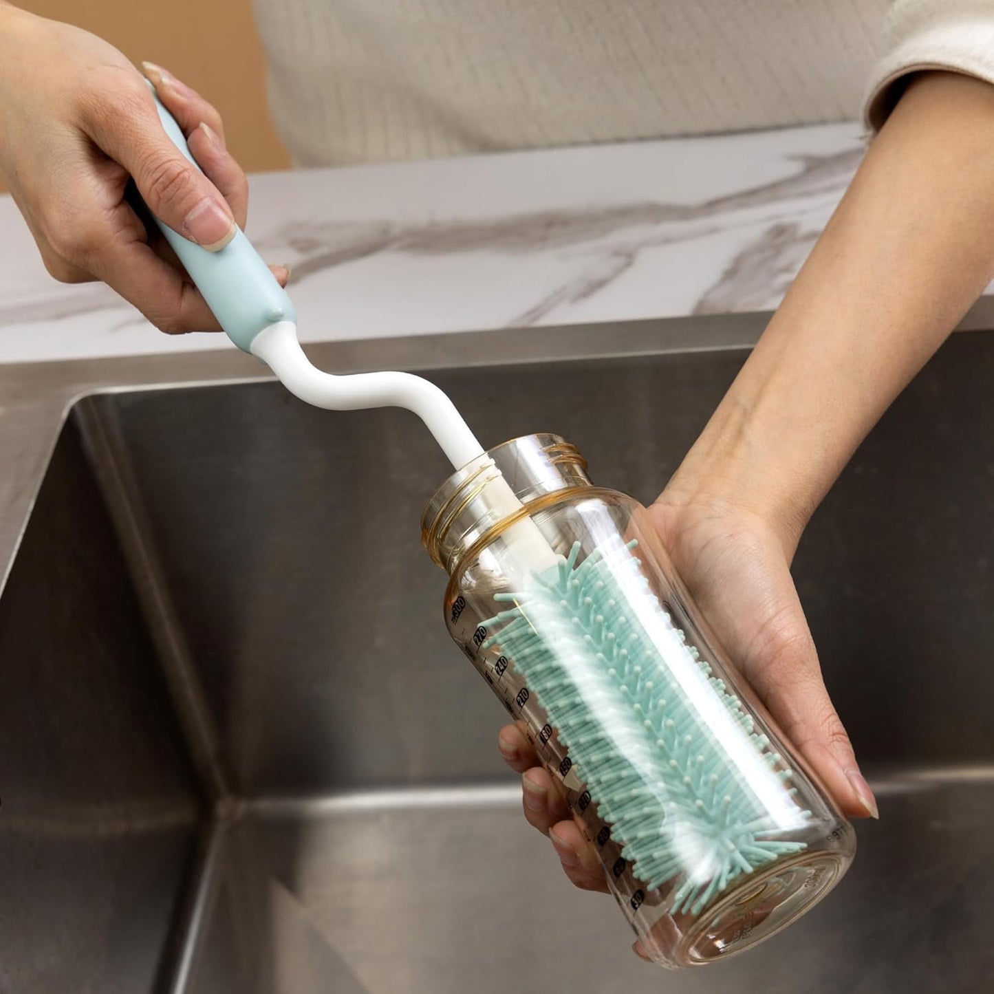 Silicone Spinning Bottle Cleaning Brush, 13.4in Long Handle Water Cup Bottles Cleaner for Baby Bottles, Sports Bottle, Glass Vase, Tumbler, with a Tiny Cup Lid Gap Cleaning Brush, x Blue