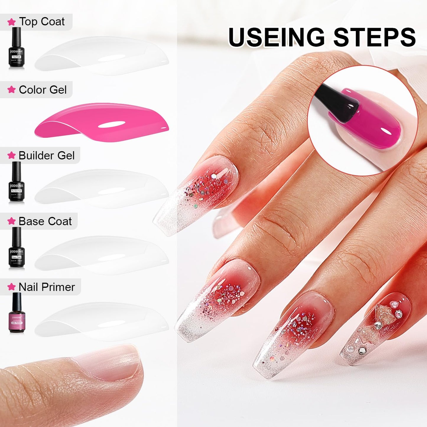 JODSONE 4 Bottles of 15ML Nail Primer Base Coat Top Coat and Builder Gel Which Helps Better Fit the Gel Polish