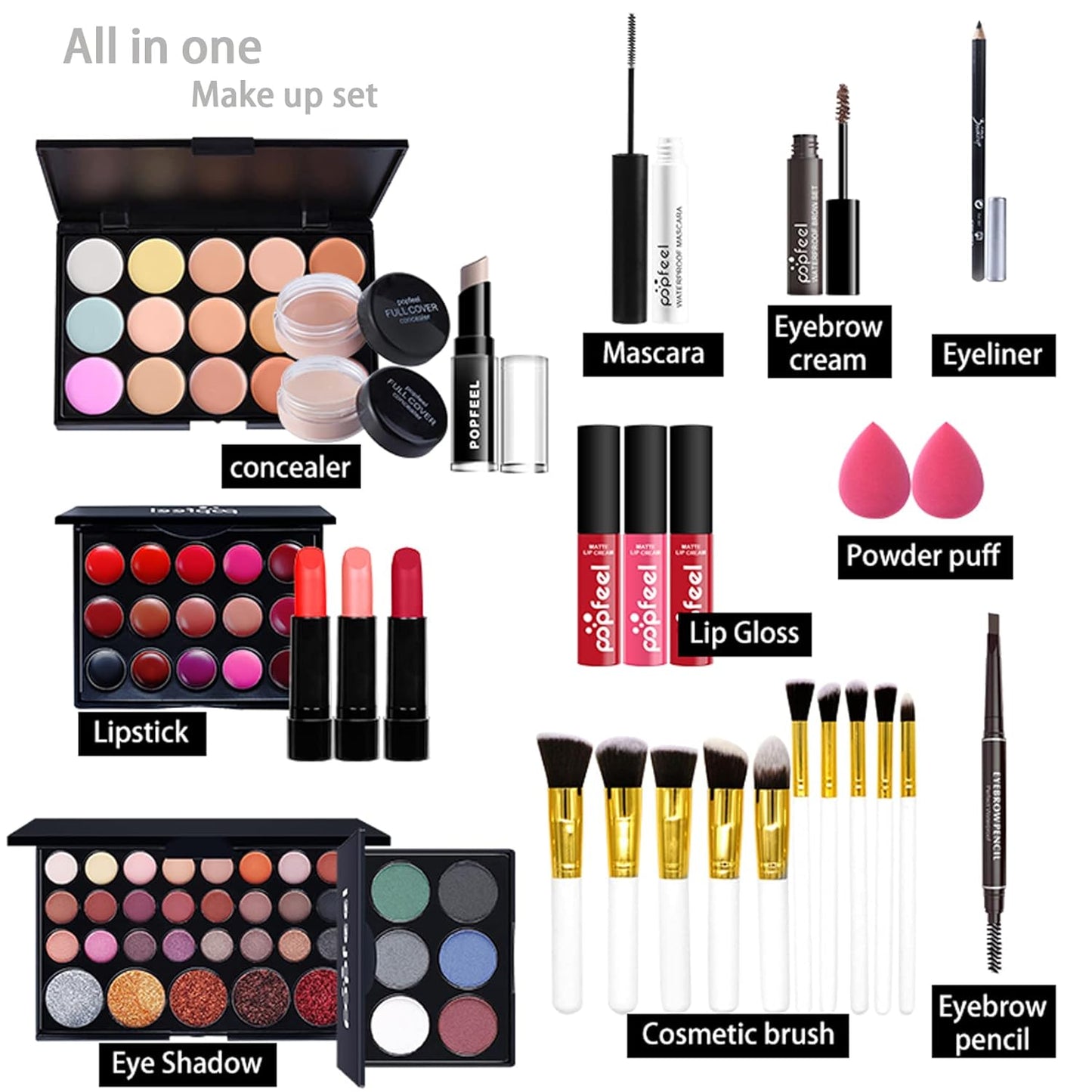 All in One Makeup Kit For Beginners Full Kit, Full Makeup Kit For Teen Girls, Makeup Gift Set, Include Eyeshadows, Concealer, Cosmetic brush, Lip Gloss, Lipstick, Powder puff, Mascara -006