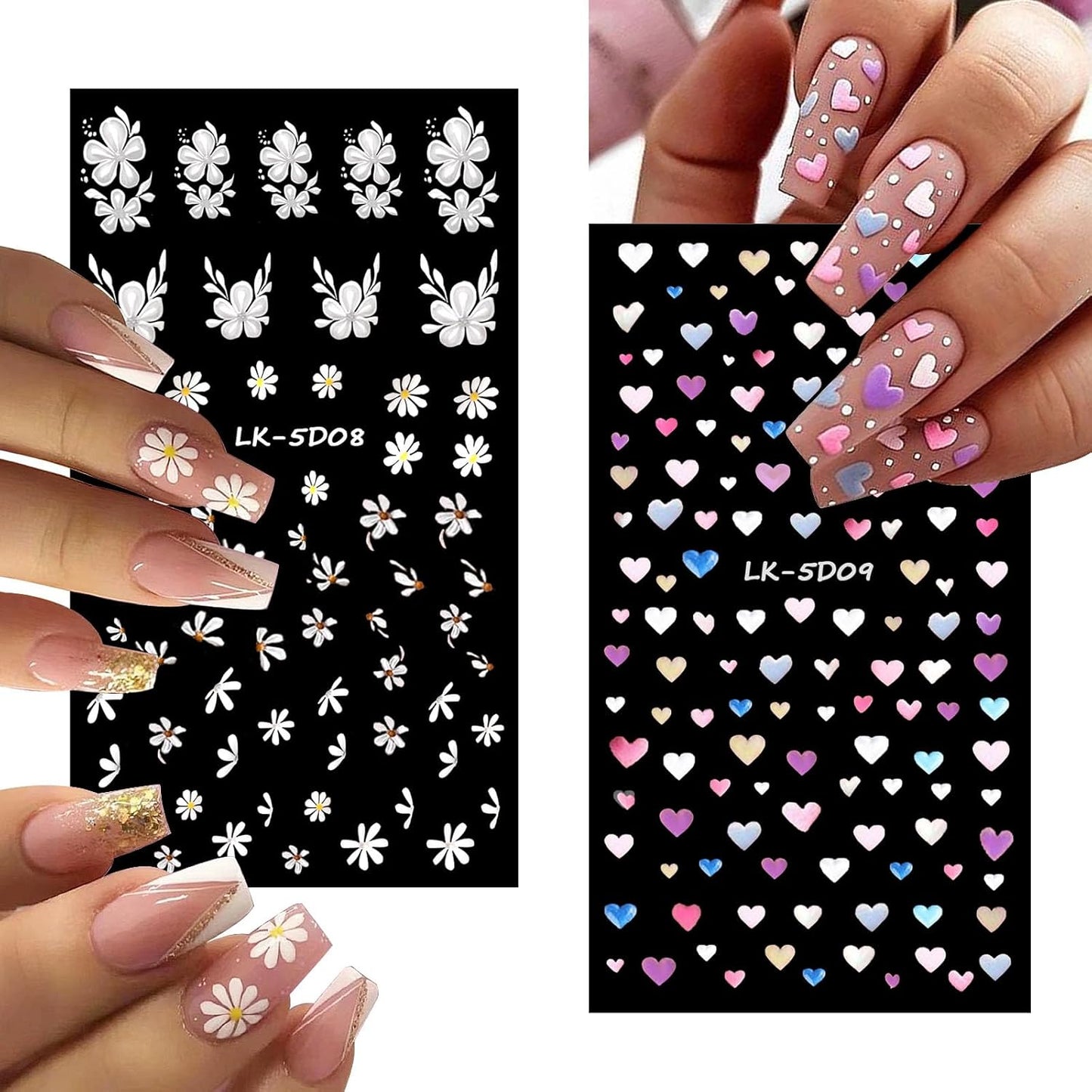 Flower Nail Art Stickers Decals 5D Embossed Nail Decals Spring Summer Nails Design Self-Adhesive Supplies Accessories 3D Flower for Women Nails DIY Decoration(6 Sheets)