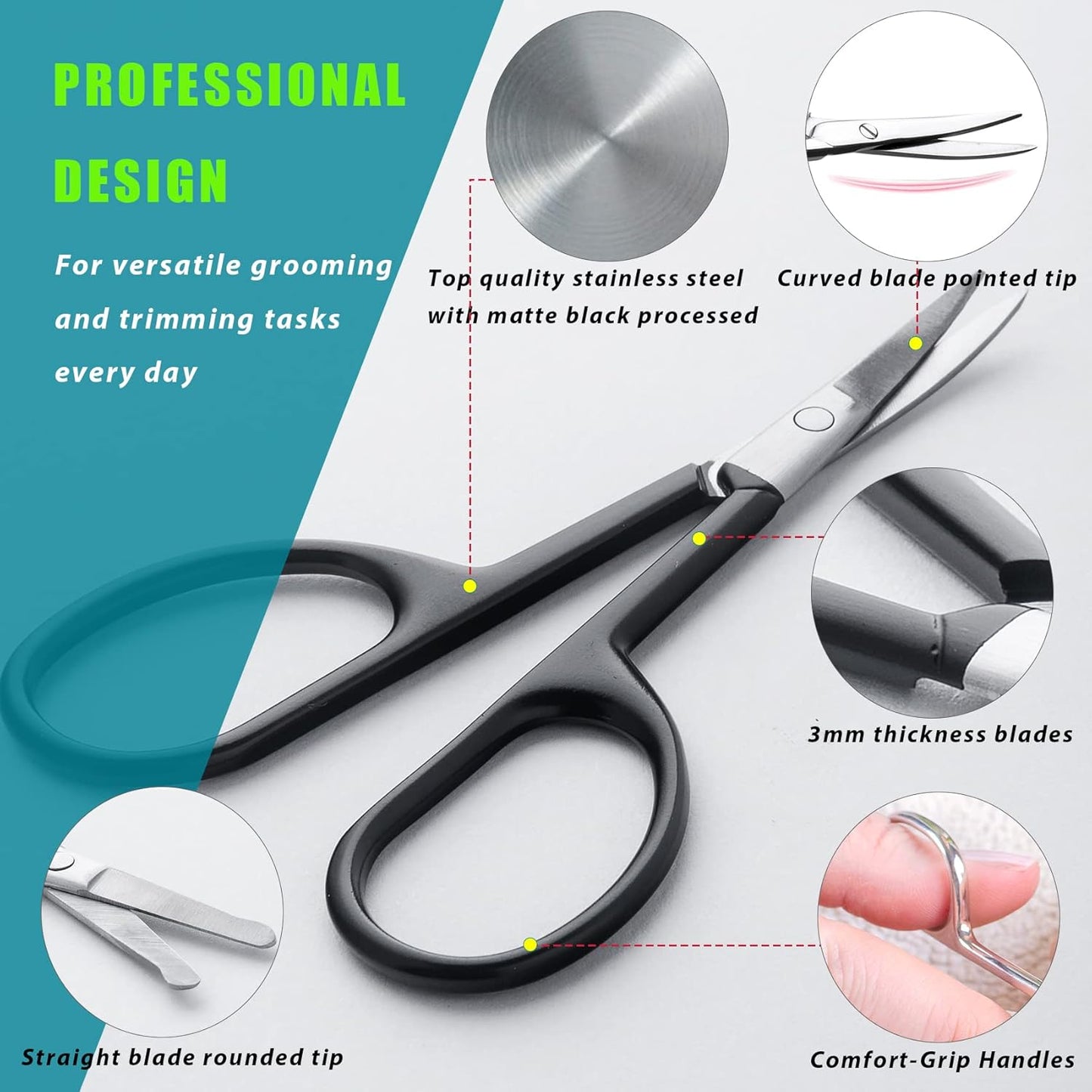 Facial Hair Small Grooming Scissors For Men Women - Eyebrow, Nose Hair, Mustache, Beard, Eyelashes, Ear Trimming Kit - Curved and Rounded Safety Tip Clippers For Hair Cutting 2PCS With Cover Black