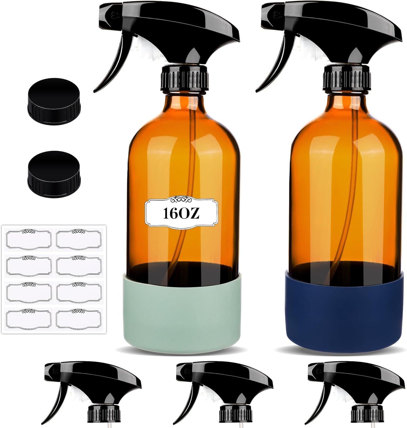 2 Pack/16 Oz Glass Spray Bottles, Refillable Empty Containers with Silicone Sleeve, Upgraded Adjustable Nozzle Spray Bottle Sets for Cleaning, Essential Oils, Hair (Amber)