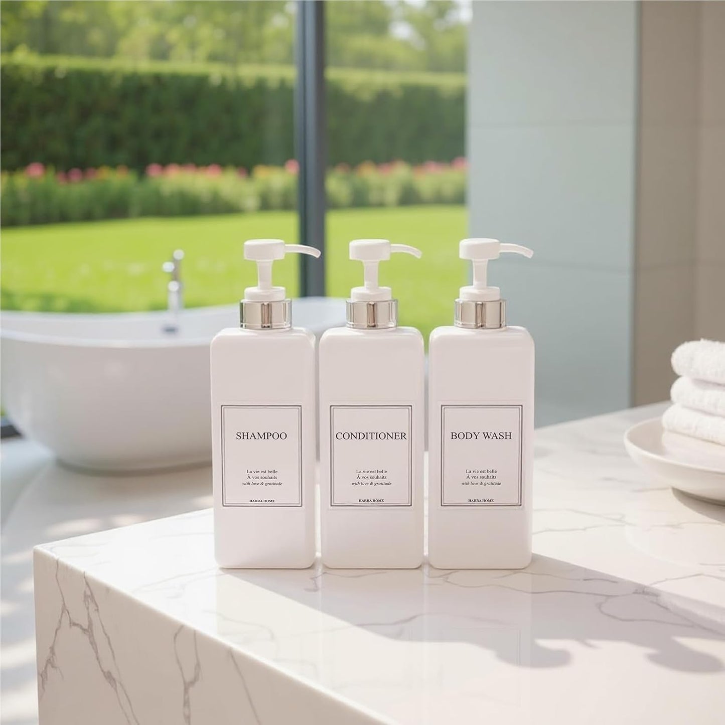 Modern Design Large 27 oz Shampoo and Conditioner Dispensers - Empty Plastic Refillable Pump Bottle Set for Bathroom Shower Soap Dispenser, Set of 3 (White & Silver)