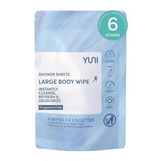 YUNI Beauty Large Body Wipes (Unscented, 6 Count) Super Soft Moist Showerless Wipes that Cleanse & Deodorize - On-the-Go Waterless Body Cleanser - Biodegradable Individually Wrapped Wipes for Travel
