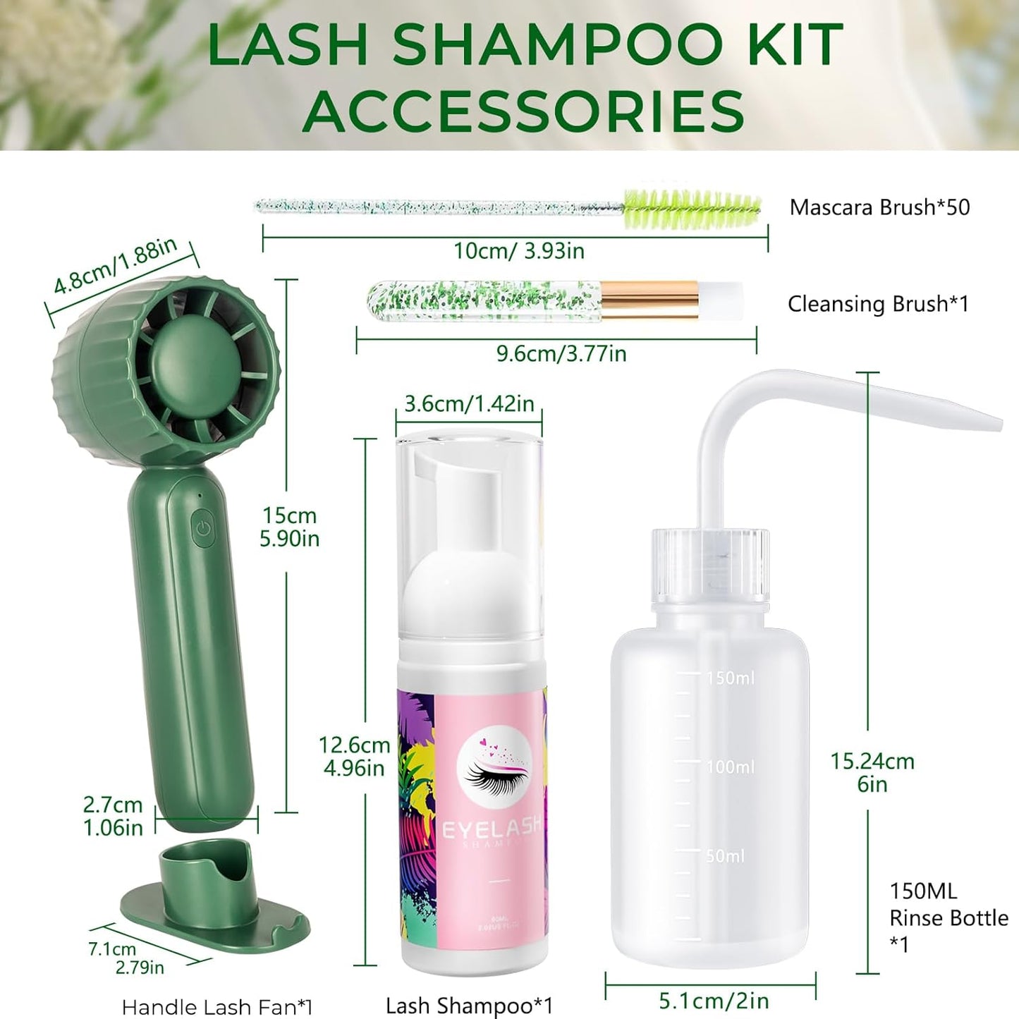Buqikma Lash Shampoo Kit - Eyelash Extension Cleanser for Extensions 60ML with Rechargeable Handheld Lash Fan Dryer Mascara Brush Rinse Bottle Makeup Cleansing Foam for Lash Care