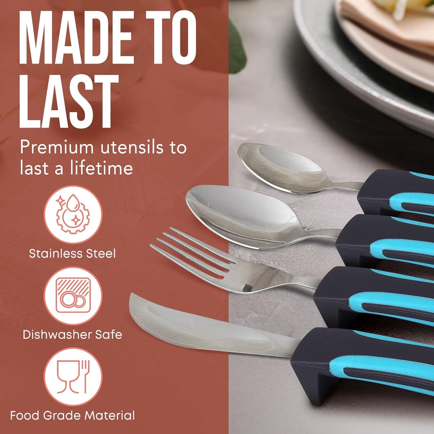 BUNMO Adaptive Utensils for Elderly, Arthritis, Weak Hand Grip, Tremors & Handicapped - Convenient Travel Pouch - 3.35oz Lightweight - Stainless Steel - Eat Independently - Adaptive Blue 4 Piece Set