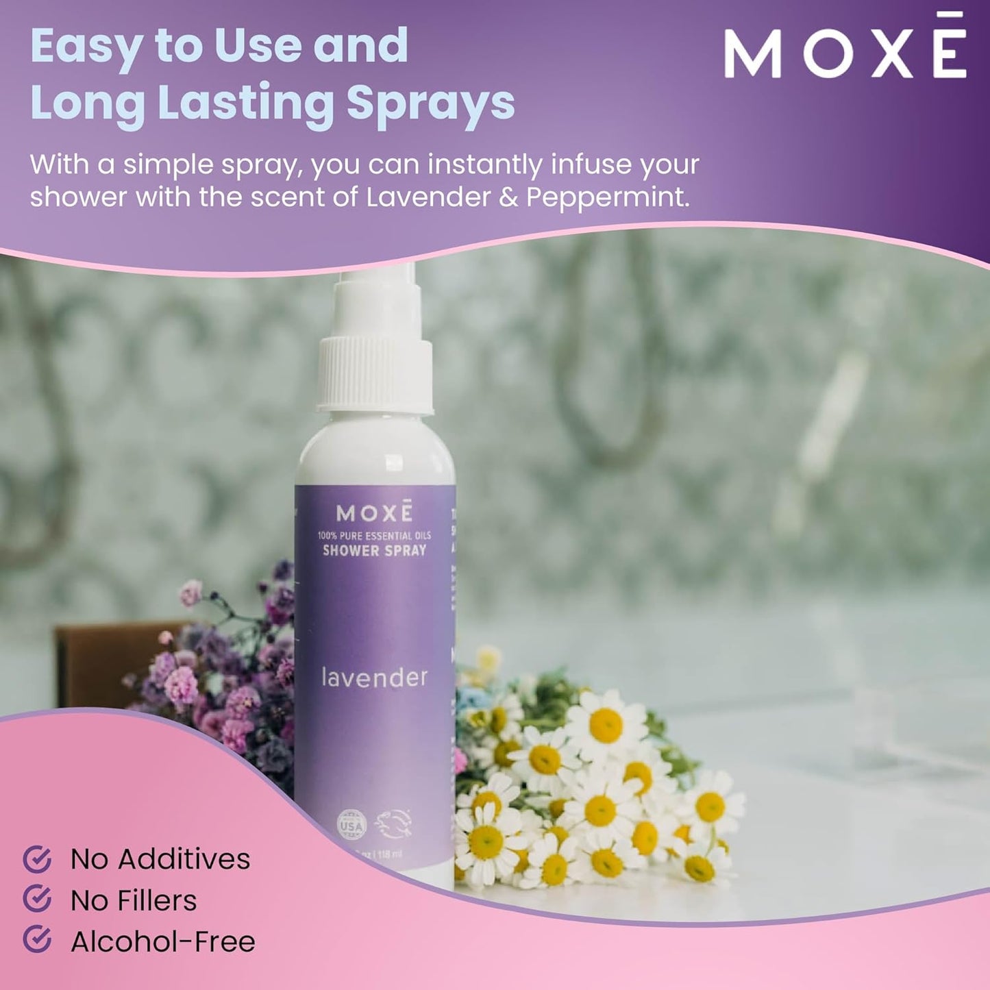 MOXE Aromatherapy Shower Mist Variety Pack, Eucalyptus, Lavender, Breathe and Dream, Spa Steam Spray, Natural 100% Essential Oils, Made in USA, Aromatherapy, Sinus Congestion Relief, 4 Pack (8oz)