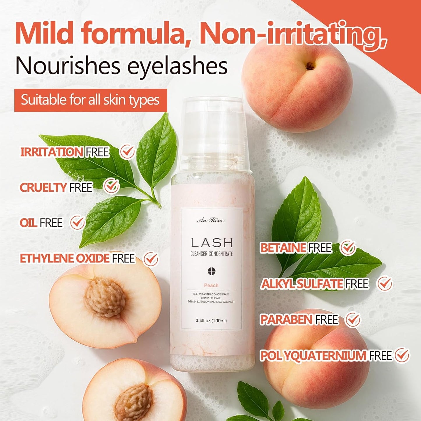 Lash Shampoo Concentrate 100ml Lash Extension Cleanser Oil-Free Eyelash Extension Shampoo with Salon Home Care -Makes 20 Bottles 60ml Lash Shampoo,Peach