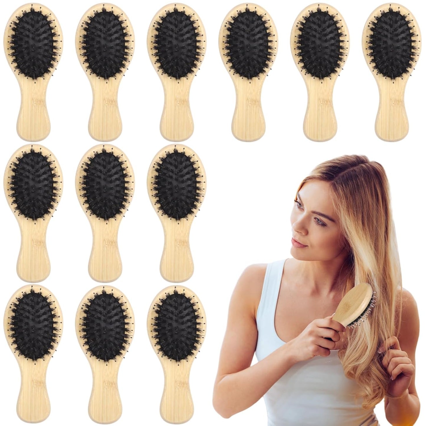 12PCS Mini Boar Bristle Hair Brushes Bulk,Bamboo Small Travel Pocket Paddle Hair Brush for Women Men,Oval Shape,Wooden Handle,Soft Bristles,Ideal for Wholesale and Distribution