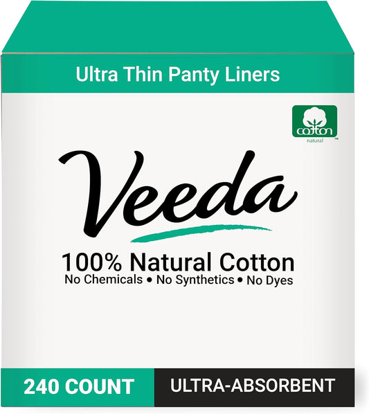 Veeda Natural Cotton Ultra Thin Panty Liners for Women - Breathable Thin Daily Liners are Always Chlorine and Toxin Free - Hypoallergenic & Comfortable Pantyliners - 240 Count