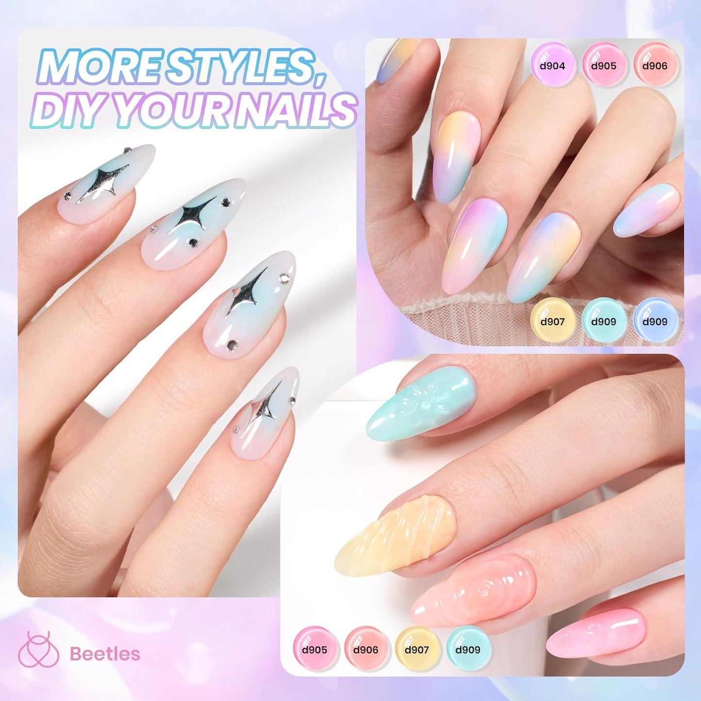 Beetles Pastel Gel Nail Polish Set, 6 Colors Jelly Gel Polish Kit Pink Blue Purple Orange Yellow Green Translucent Effect Soak Off UV Candy Sweet Collection French Nail Gift for Women