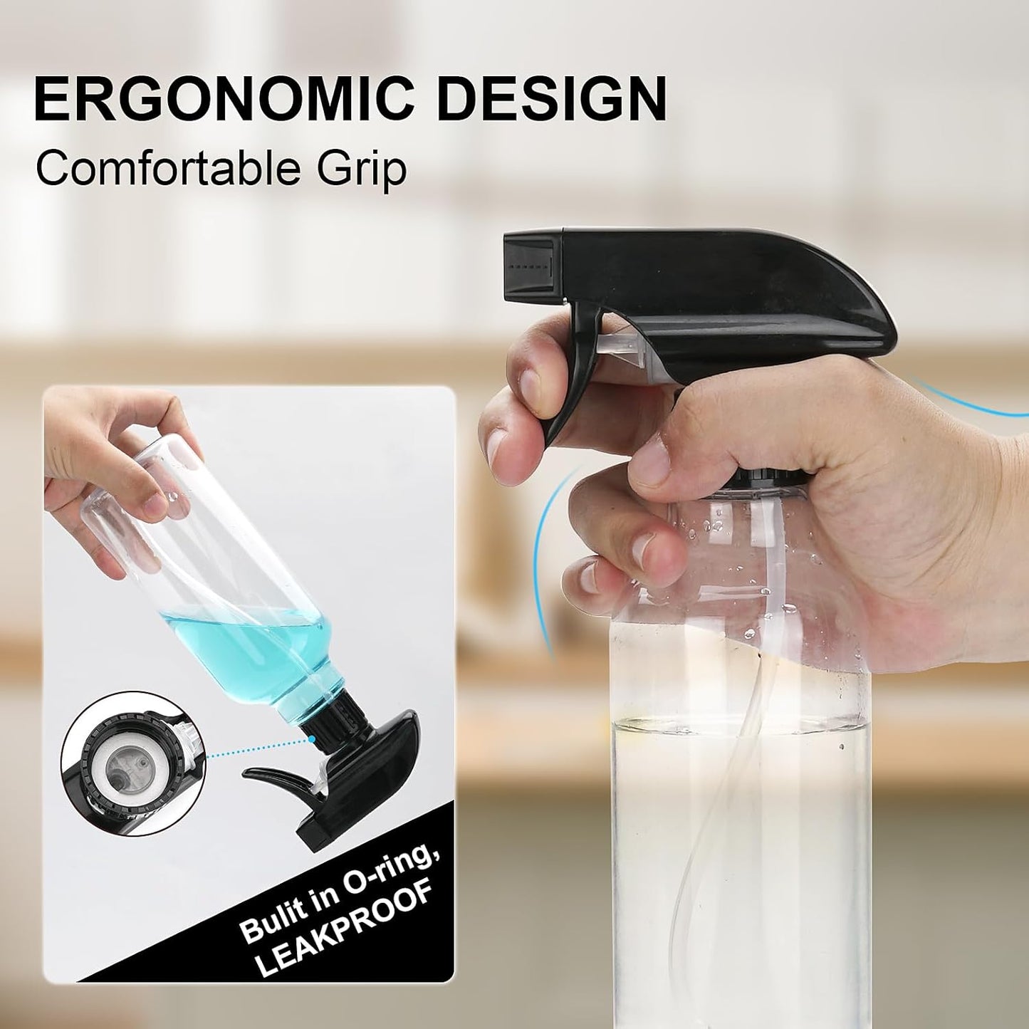 Spray Bottles Plastic Spray Bottle for Hair Mist/Stream Heavy Duty Empty Spray Bottles for Cleaning Solutions, Plants, Cooking (16.9oz-BlackClear)