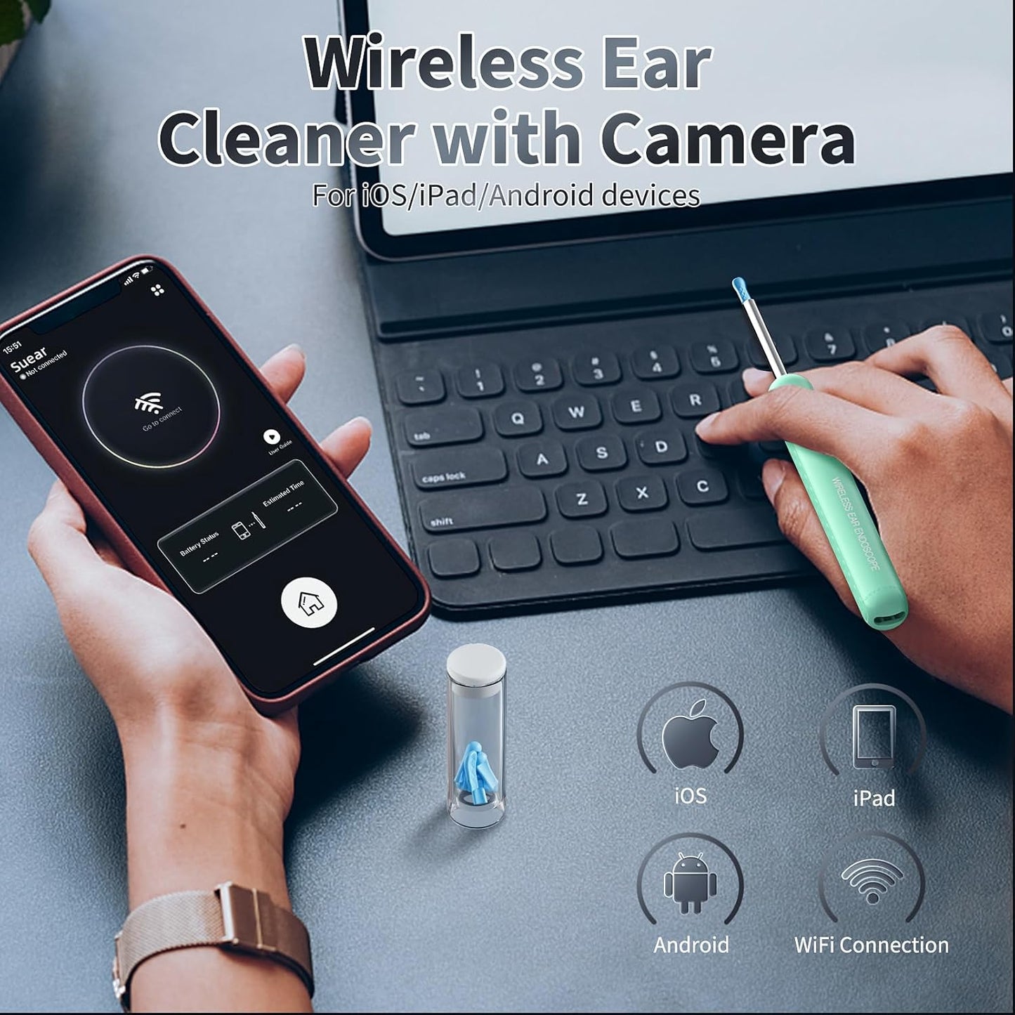 Ear Wax Removal, Ear Cleaner with Camera and Light, Ear Wax Removal Kit with 8 Pcs Set, Ear Wax Removal Tool Camera with 1080P, Ear Cleaning Kit with 6 Spoons, Ear Camera for iOS & Android (Green)