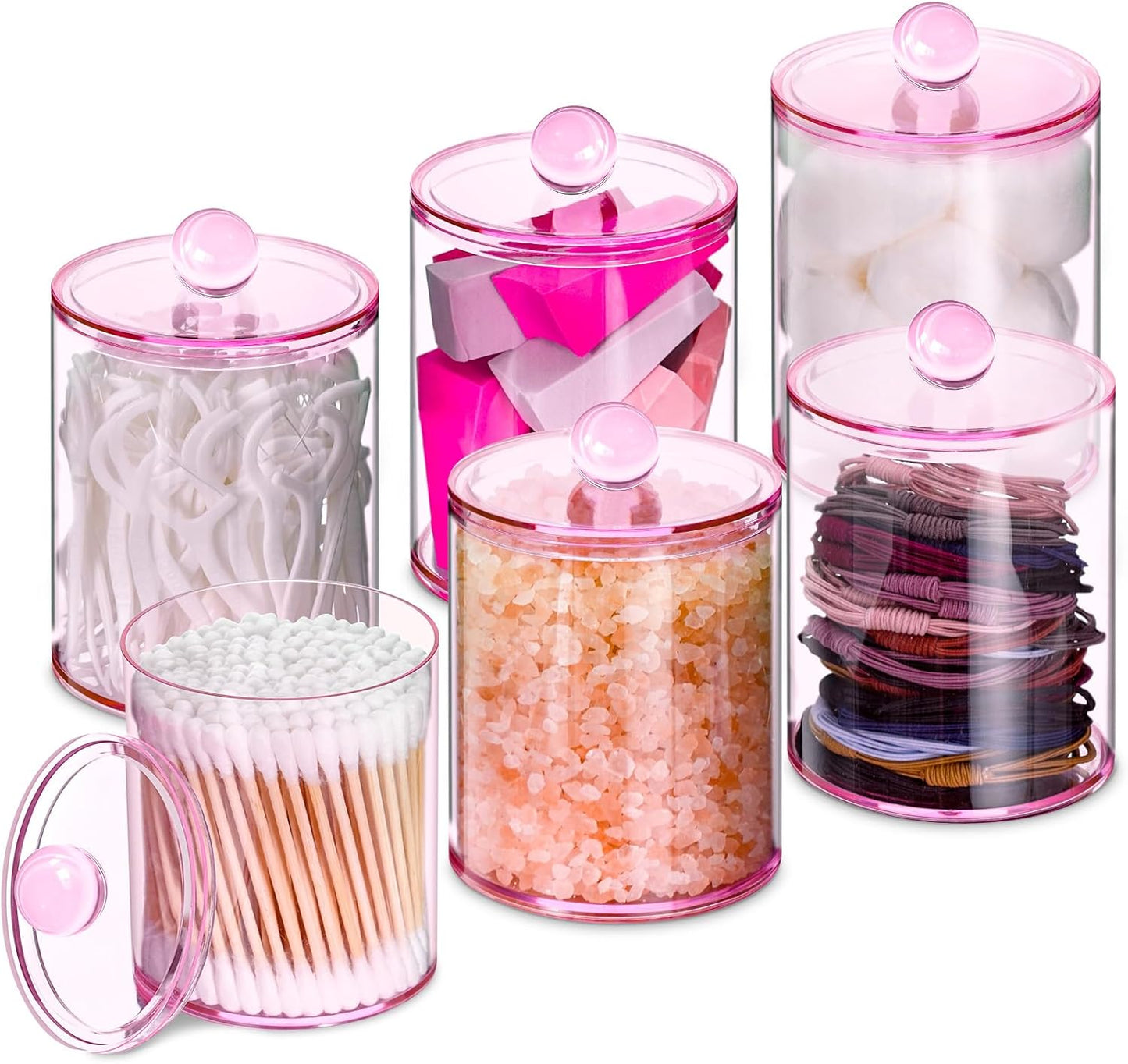 6 Pack Qtip Holder,Canister Apothecary Jar Set, Bathroom Jars with Lids Set for Cotton Swabs, Balls, Pads, Floss Picks,10oz-12oz Plastic Canisters Restroom Bedroom Vanity Organizer(Pink)