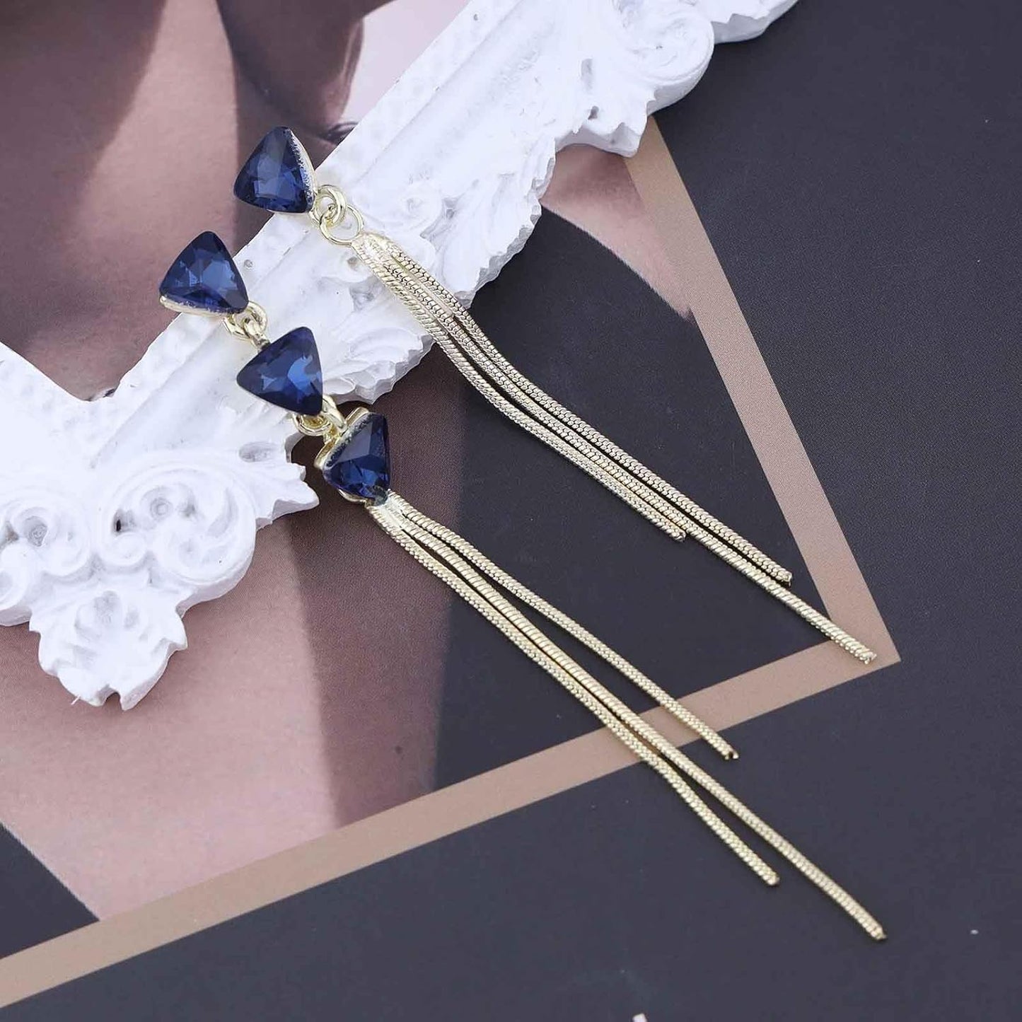 Vintage Sapphire Dangle Earrings Long Blue Crystal Chain Earrings Sapphire Tassel Drop Earrings Gold Sleek Metal Chain Earrings Jewelry for Women