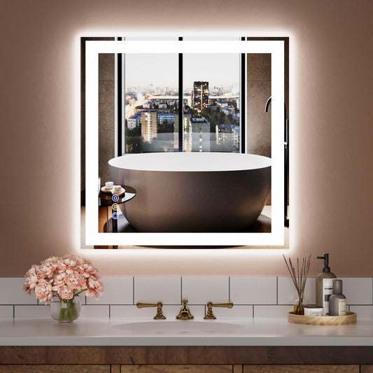 36"x 36" LED Bathroom Mirror, 3 Colors Vanity Mirror with Lights, Front and Backlit Bathroom Mirror with Lights, LED Smart Mirror for Wall, Tempered Glass, Anti-Fog, Stepless Dimmable, Memory(UL ETL)