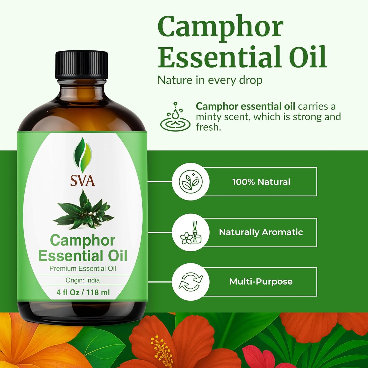 SVA Camphor Essential Oil – 4 Fl Oz – 100% Natural Camphor Oil - for Diffuser, Hair Care, Face, Skin Care, Aromatherapy, Scalp and Body Massage, Soap and Candle Making – with Dropper