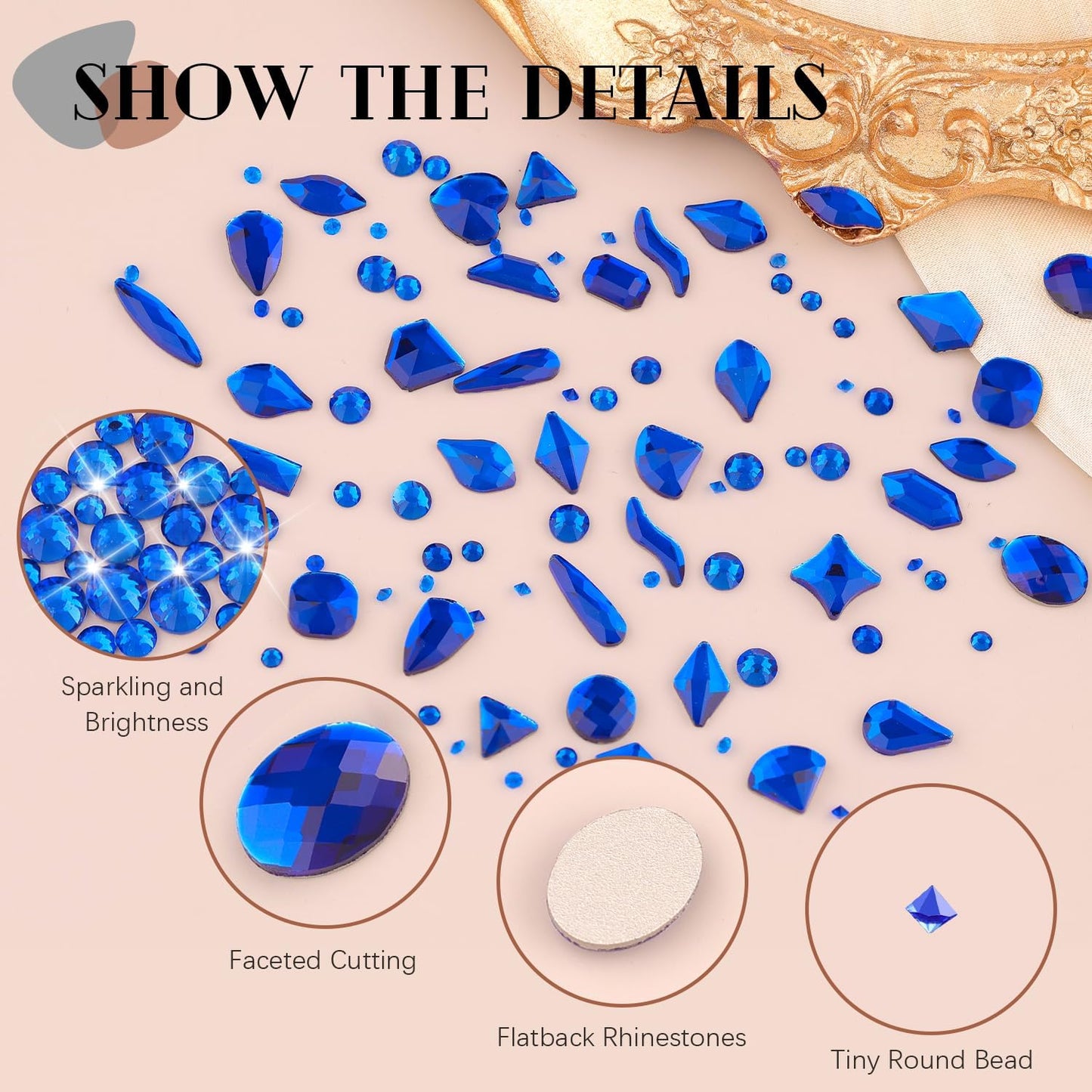 2750Pcs Royal Blue Glass Rhinestones 240Pcs Multi Shapes Flatback Gems + 2510Pcs 1.5-4mm Round Crystal, Manicure Charms Diamond Gemstones for Acrylic Nails Decoration
