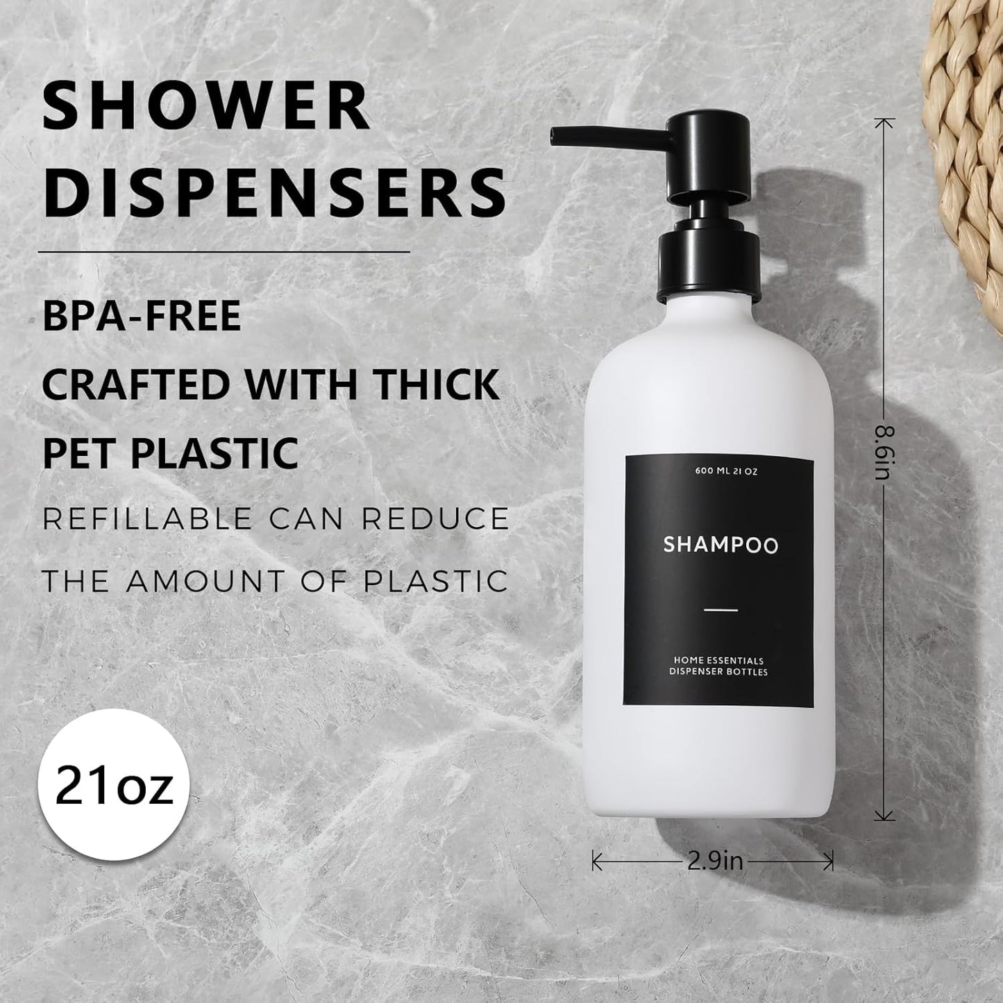 HOMCDALY Shampoo and Conditioner Dispenser, 21oz 3-Pack Refillable Shampoo and Conditioner Bottles, Empty Pump Bottle, Bathroom Shower Dispenser（21oz-White）