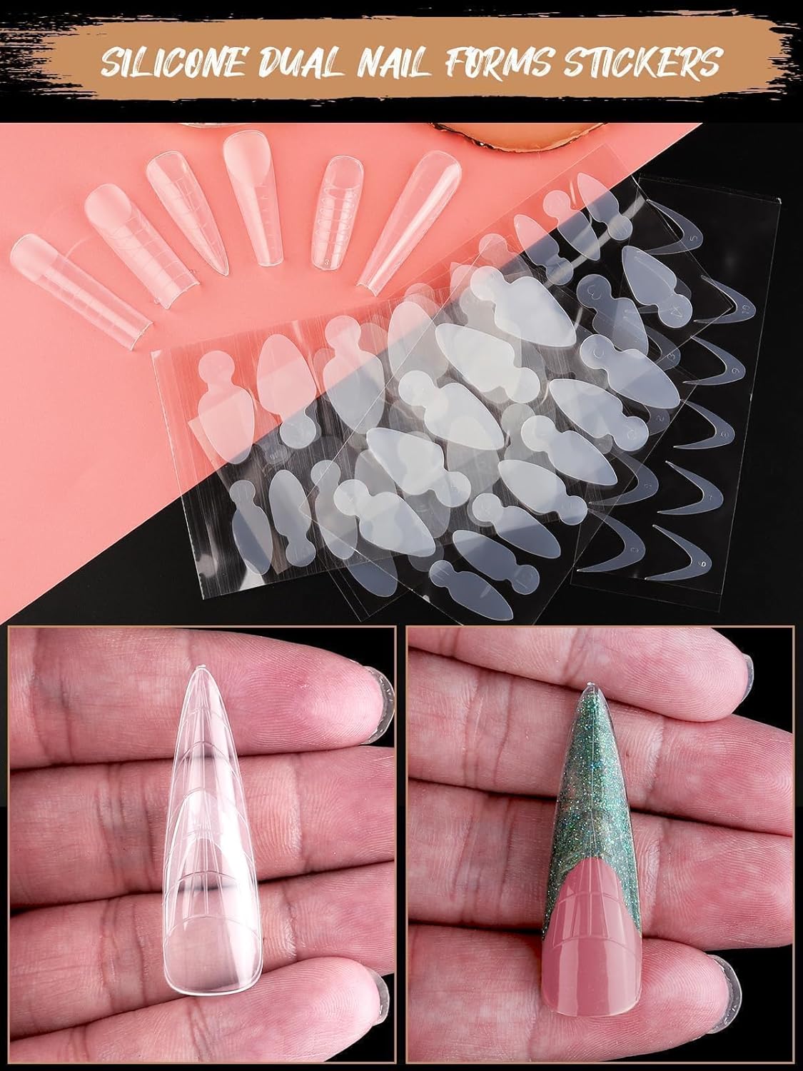 EBANKU 288PCS Poly Extension Gel Dual Nail Forms, Stiletto Coffin Acrylic Nail Forms for French Nails, 76PCS Duet System Dual Forms Sticker Silicone Pads, 6 Styles Scale for Manicure Extension