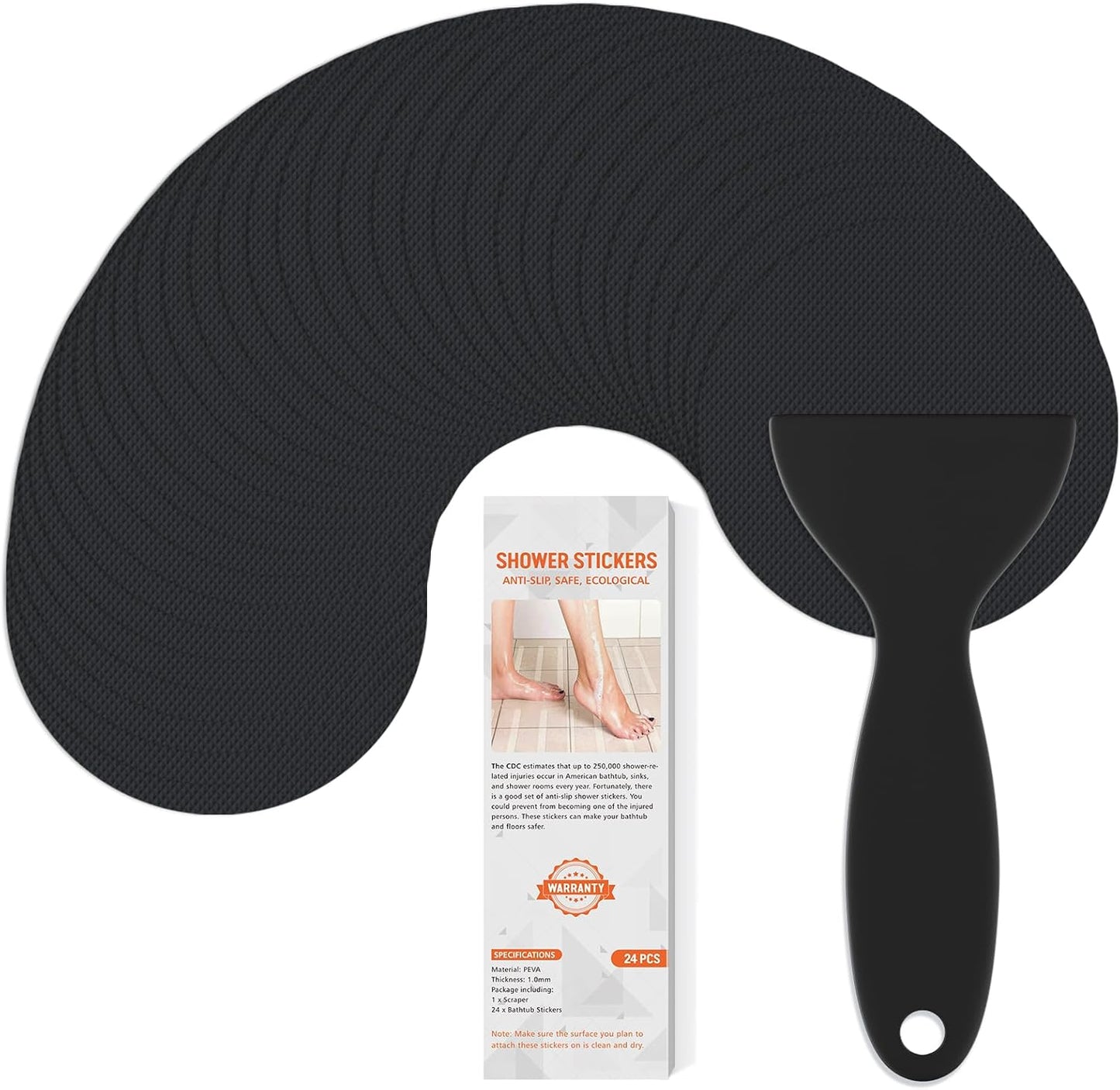 Non Slip Bathtub Stickers, 24 PCS Shower Stickers for Safety Bathroom Tubs, Bathtub Non Slip Stickers and Adhesive Decals Scraper for Bath Tub, Shower Floor, Stairs, Ladders(Round Shape,Black)