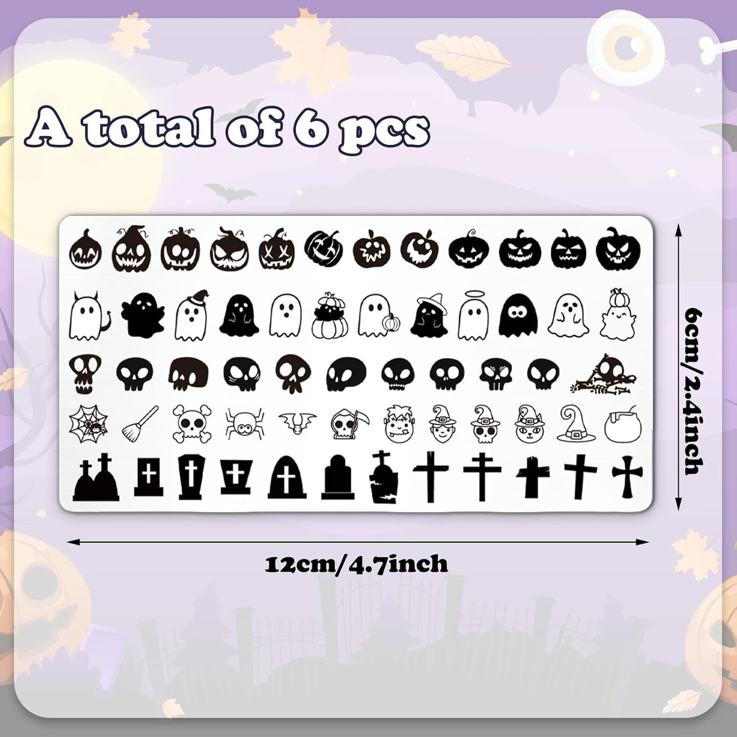 Whaline 6Pcs Halloween Nail Plates Stamping Set Pumpkin Ghost Skull Stamp Templates Nail Art Plates for DIY Print Manicure Salon Design Gift