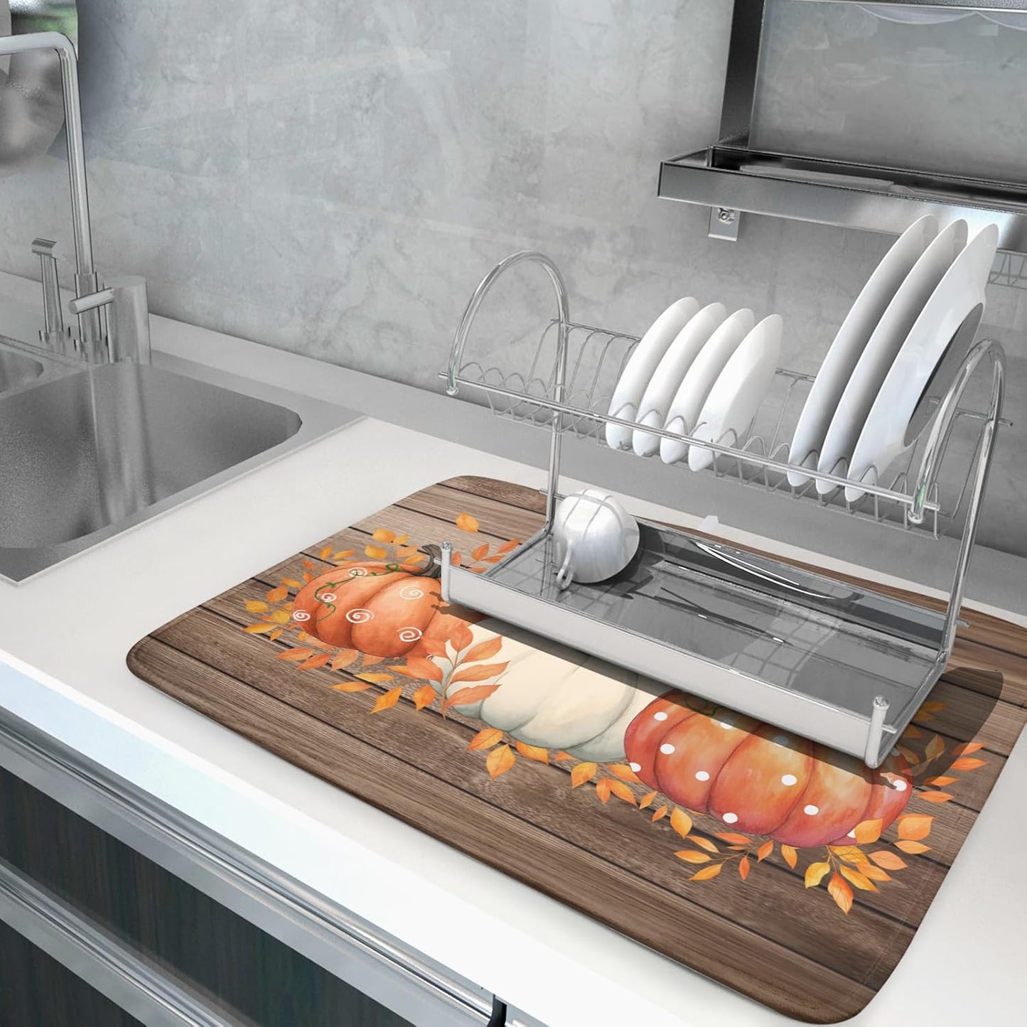 Autumn Pumpkin Dish Drying Mat Rustic Wood Dish Drainer Mats Fast Dry Microfiber Reversible Dish Drying Pad Kitchen Decoration 18x24 inch