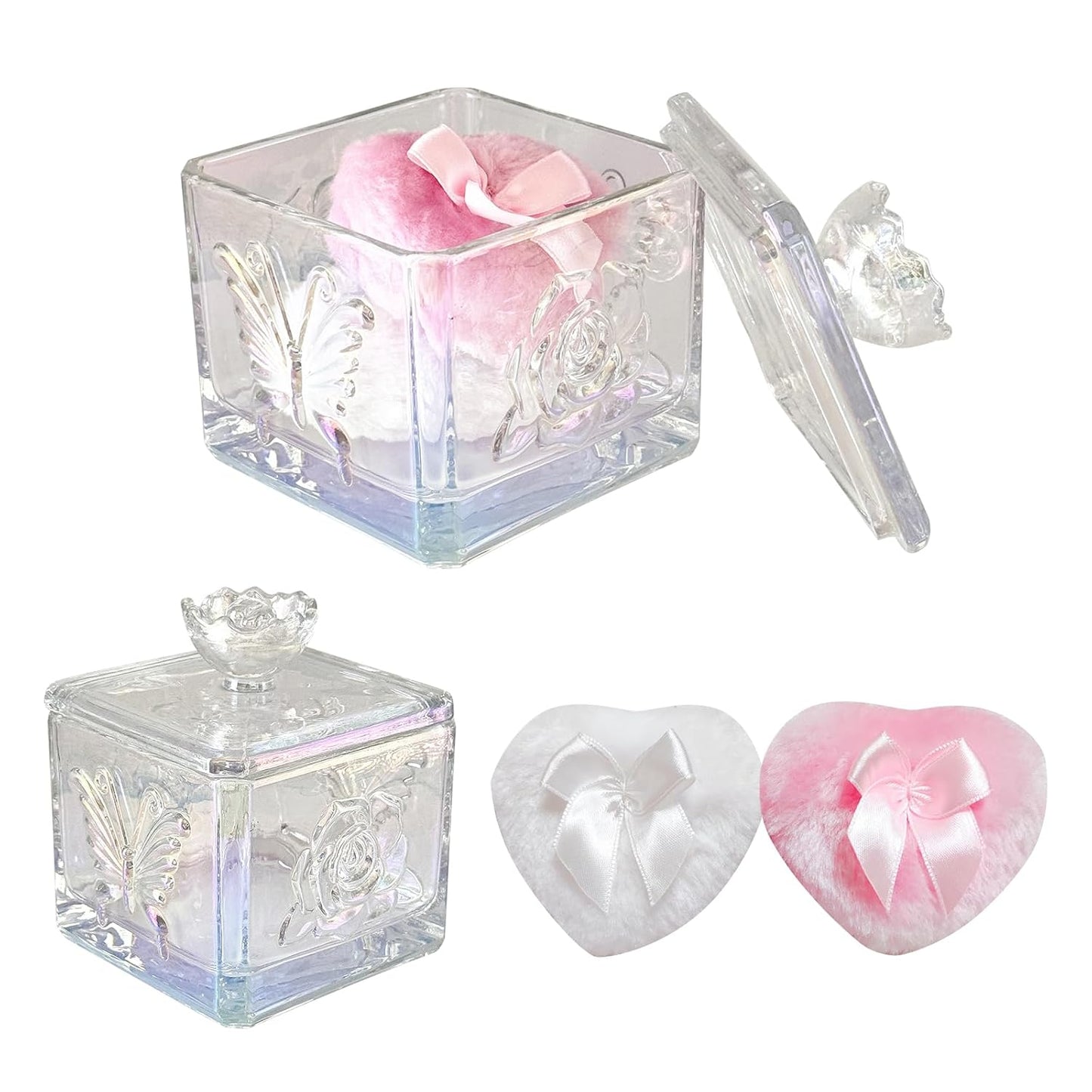 Body Powder Puff and Container - Glass Dusting Powder Container with 2 Soft Puffs – Vintage Powder Puff Case for Women & Girls (3.74x3.74x4.53 H in)- GRB013-Multi