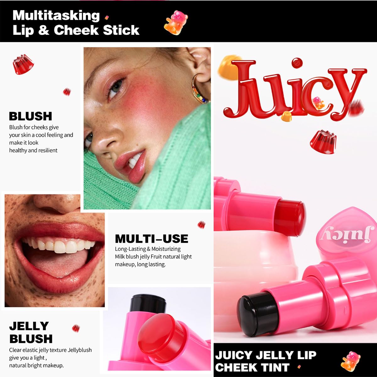 Cooling Water Jelly Tint Stick，Multi-Use Juicy Love Blush, 3-In-1cheek Blush & Eyeshadow & Lip Tinted Long-Lasting Moisture Stick，Bouncy Jelly Texture，Creates A Moist Watercolor Effect (#04, 0.32oz)