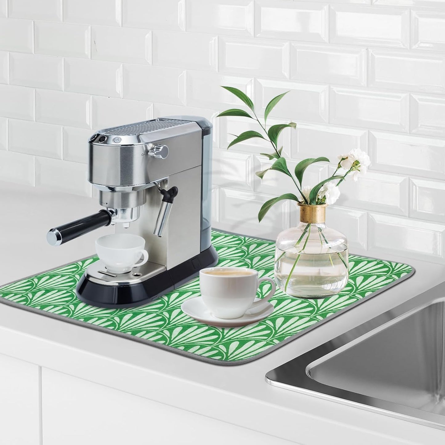 SHIYUE Dish Drying Mat for Kitchen Counter Super Absorbent Spring Kitchen Decor Microfiber Drying Matainers Rack Fast Pad Dish Drainer Mats(Bohe Green Flower,16''x18'')