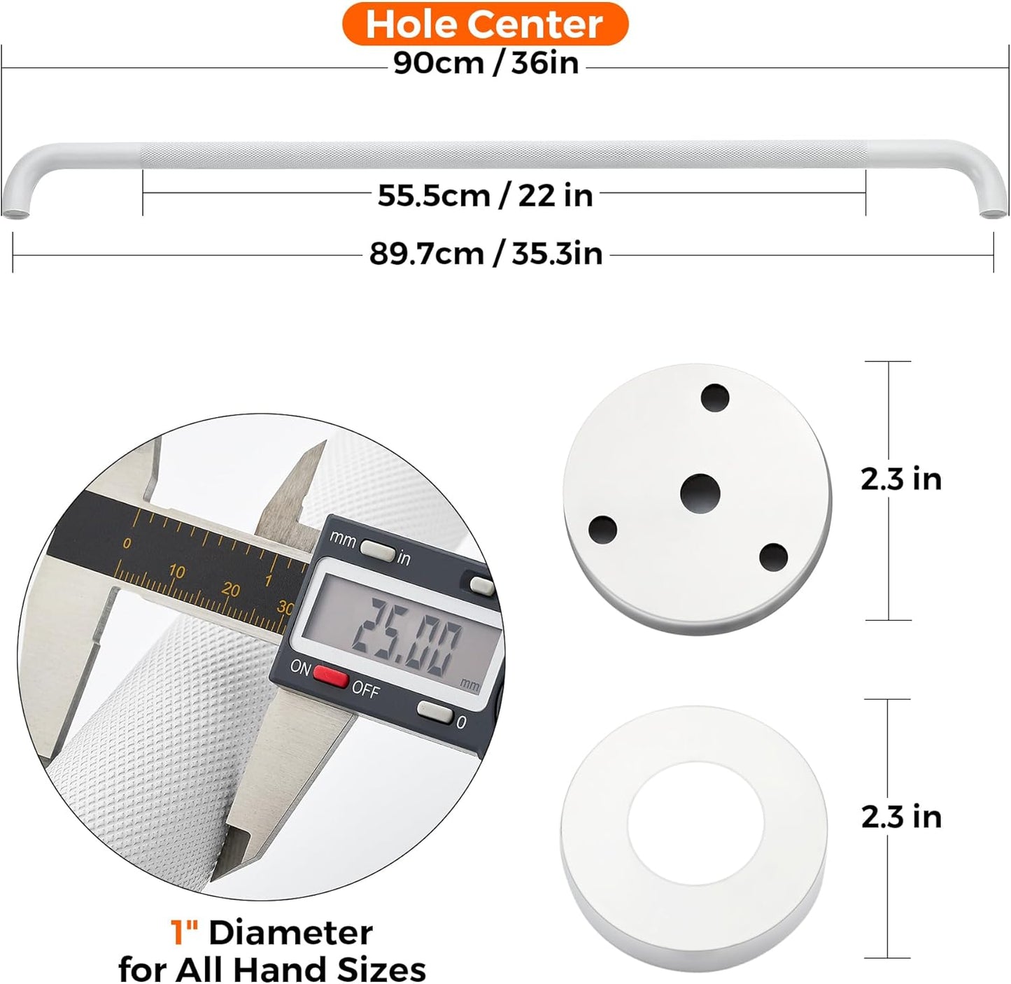 Grab Bars for Shower, 1 Pack 36-Inch Anti Slip Shower Handles for Elderly, Safety Shower Grab Bar, Stainless Steel Handicap Grab Bars for Bathroom (White 1" Diameter)