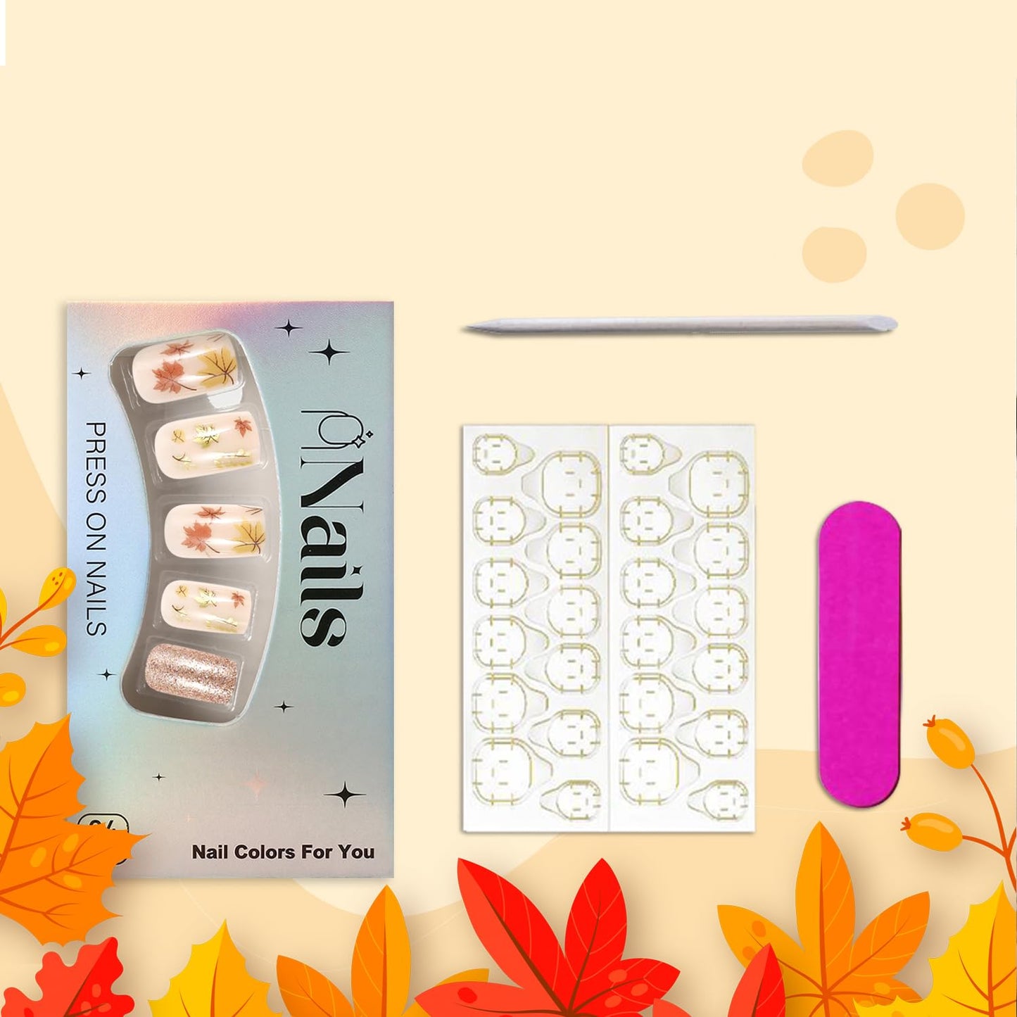 Glitter Fall Press on Nails Medium Square Thanksgiving Fake Nails with Maple Leaf Design Autumn Acrylic Glue on Nail Glossy Maple Leaves Artificial Stick on Nail for Women DIY Manicure