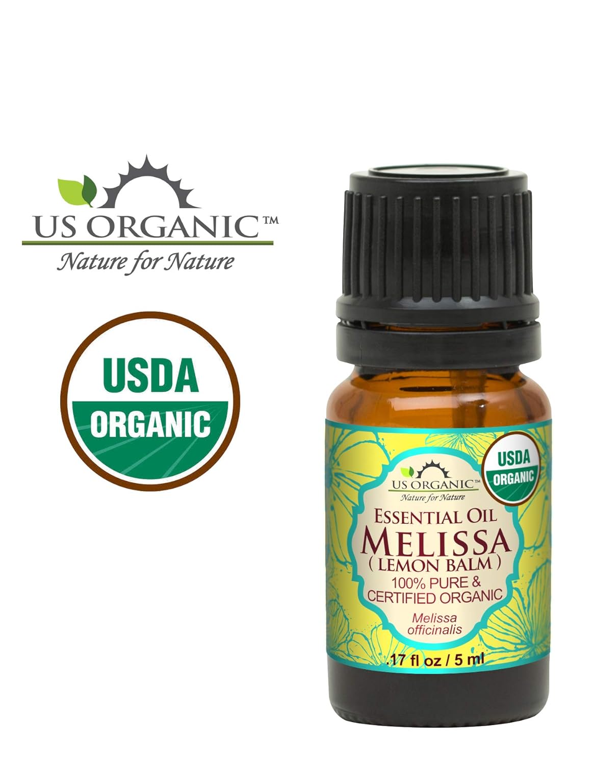 US Organic 100% Pure Melissa (Lemon Balm/Sweet Balm) Essential Oil - USDA Certified Organic, Steam Distilled - W/Euro Dropper (5 ml / 1/6 fl oz)