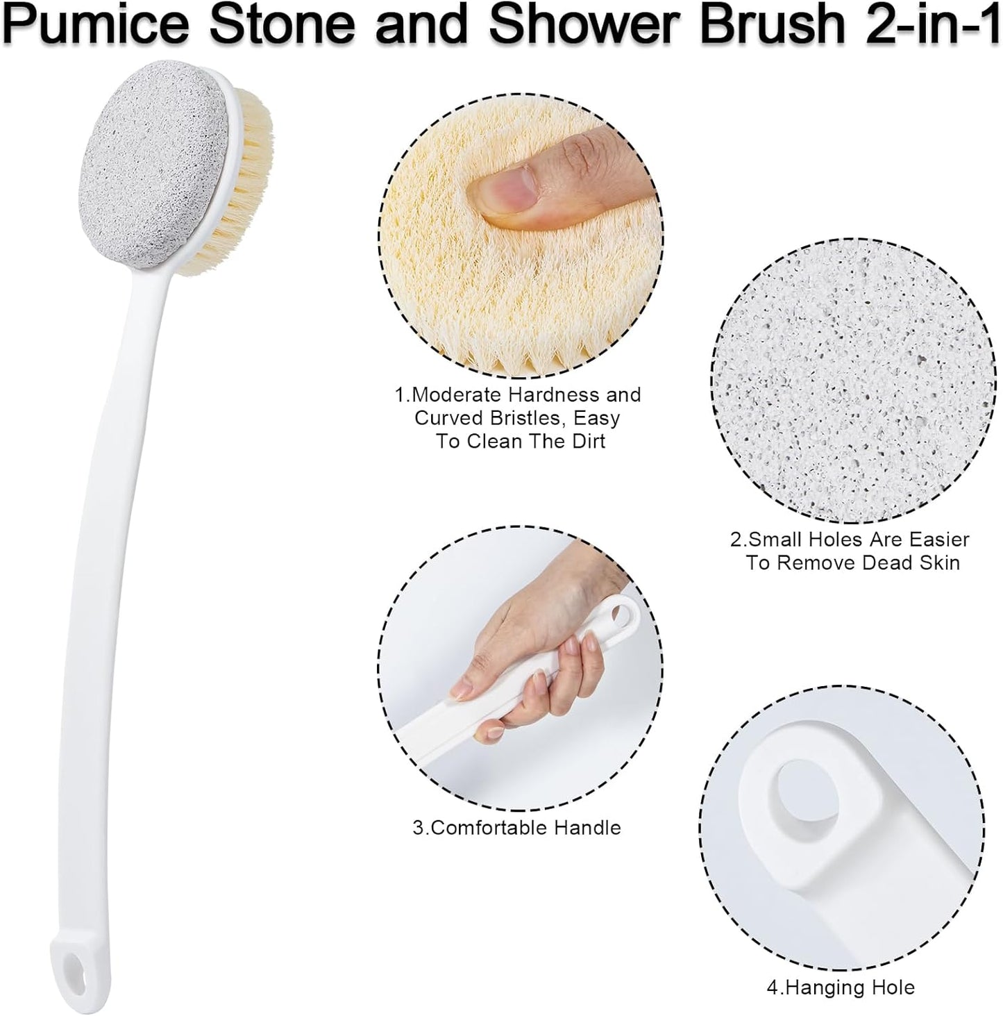 Pumice Stone for Feet with Long Handle (Double-Faced Curved Handle,White, Count, 2.0)