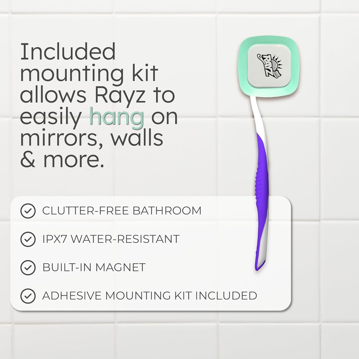 Rayz UV-C Toothbrush Sanitizer | Portable & Rechargeable | 99.9% Sanitization in 3 Minutes | Wall Mountable, Travel-Friendly & TSA-Approved (Mint)