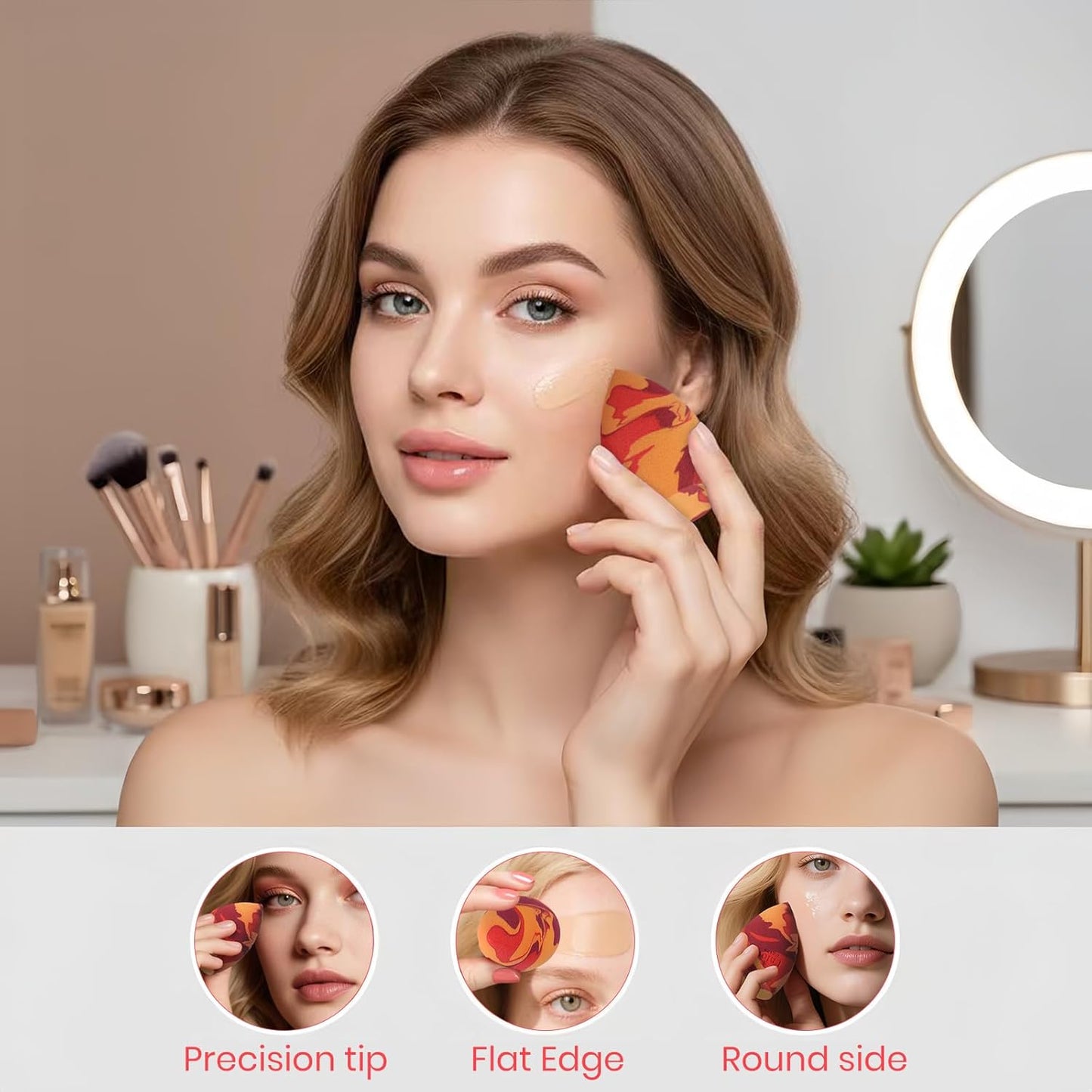 Tri Color Makeup Sponge, Low Absorption Latex Free Soft Makeup Sponges For Foundation,7pcs Beauty Sponge Blender for Power&Cream,Liquid(Burgundy+Red+Orange)