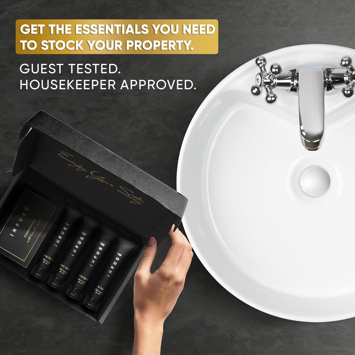 Infuse Black Amenity Kit | Boxed Hotel Toiletries | Bulk Set 1 oz Travel Size Shampoo, Conditioner, Lotion, Body Wash & Cleansing Bar for Guest Hospitality AirBnB/Vacation Rentals | 75 Pieces