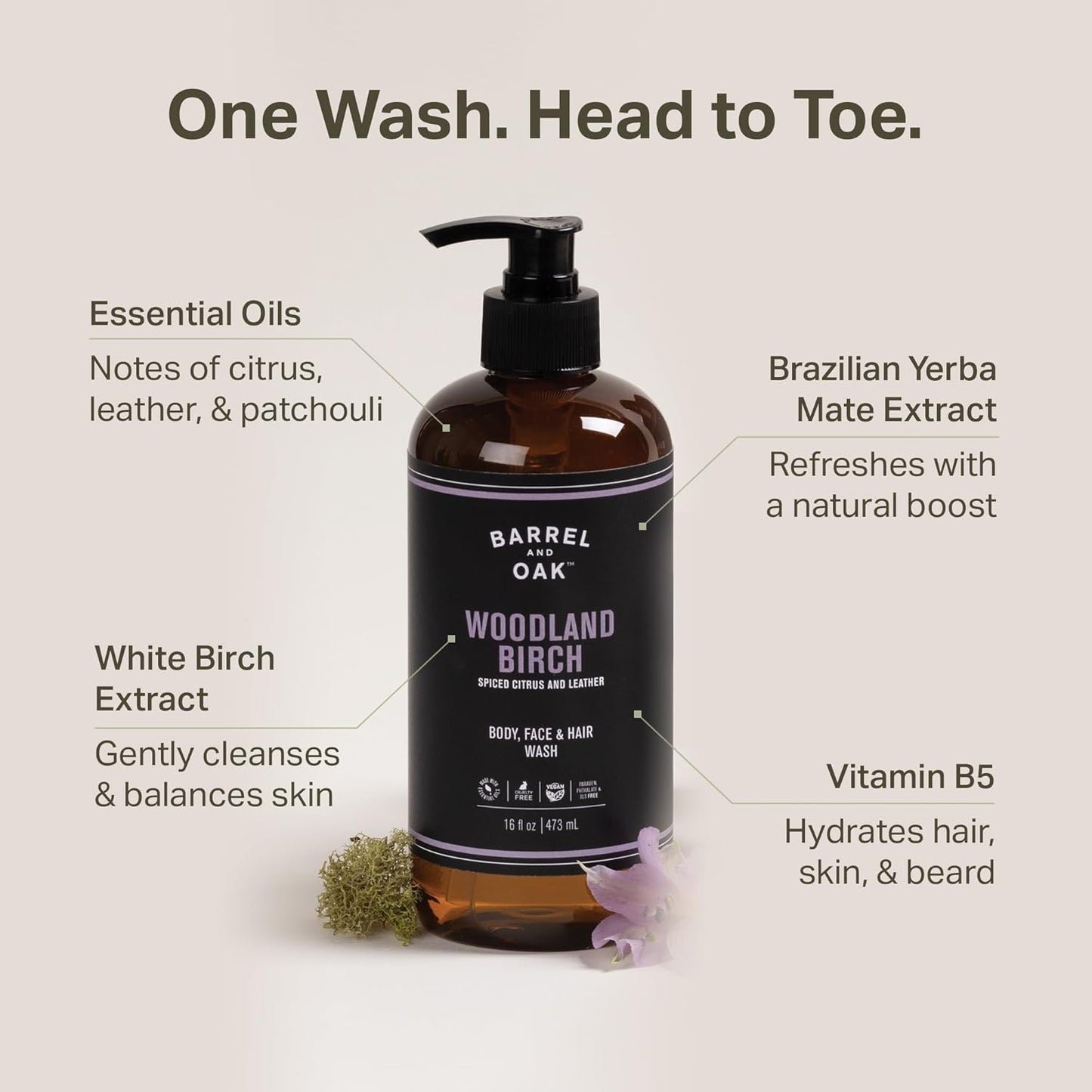 Barrel & Oak All-in-One Wash for Face, Hair, & Body, Vegan & Hydrating Face, Shampoo and Body Wash for Men, Grooming Kit Gifts for Men, Woodland Birch, 16 oz