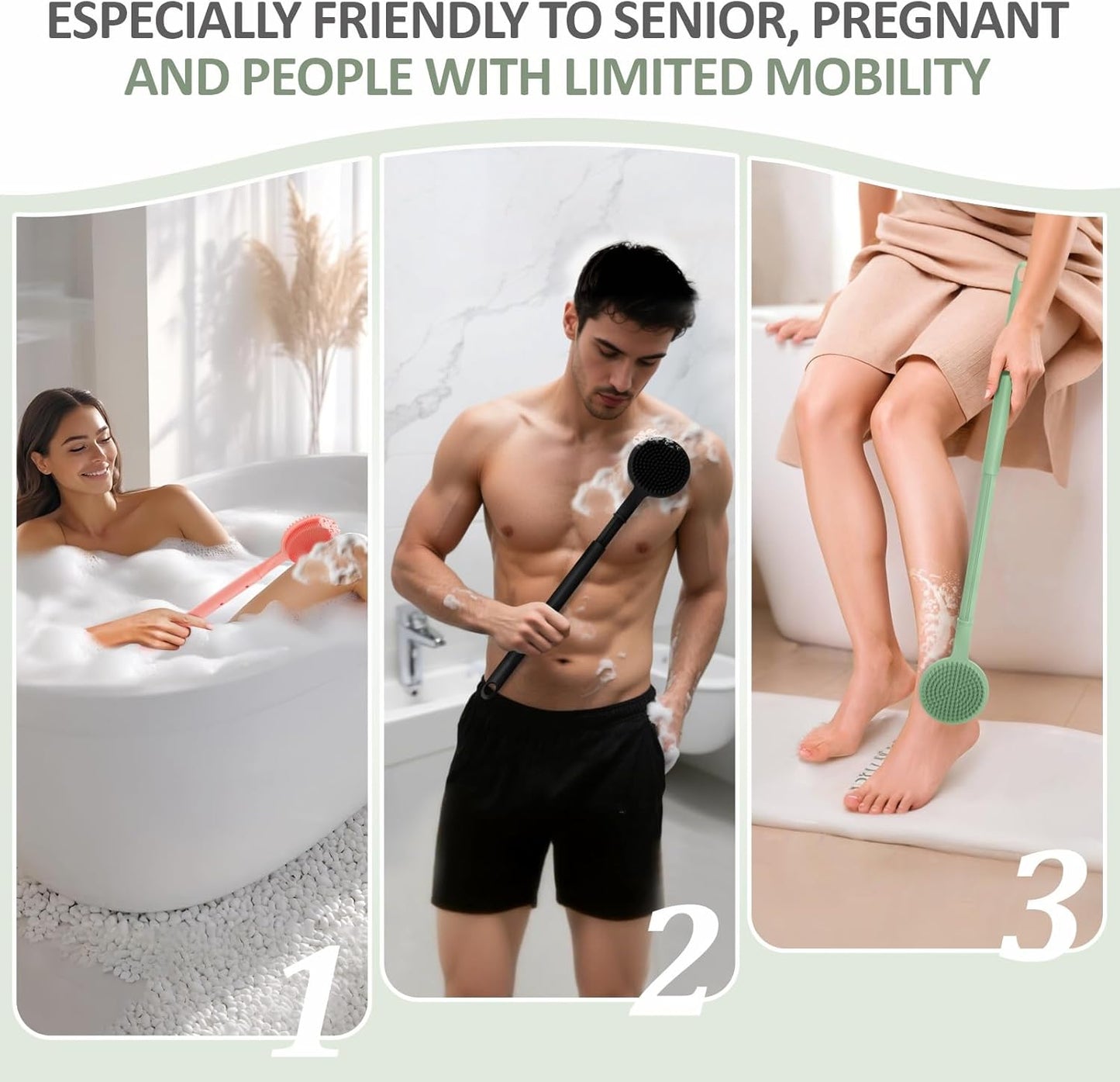 Adjustable Silicone Back Scrubber for Shower, 16''- 24'' Extendable Shower Back Scrubber for Rich Foam, 5-Length Back Brush Bath Brush with Dual-Side Head and Super-Lathering Bristles(Green)