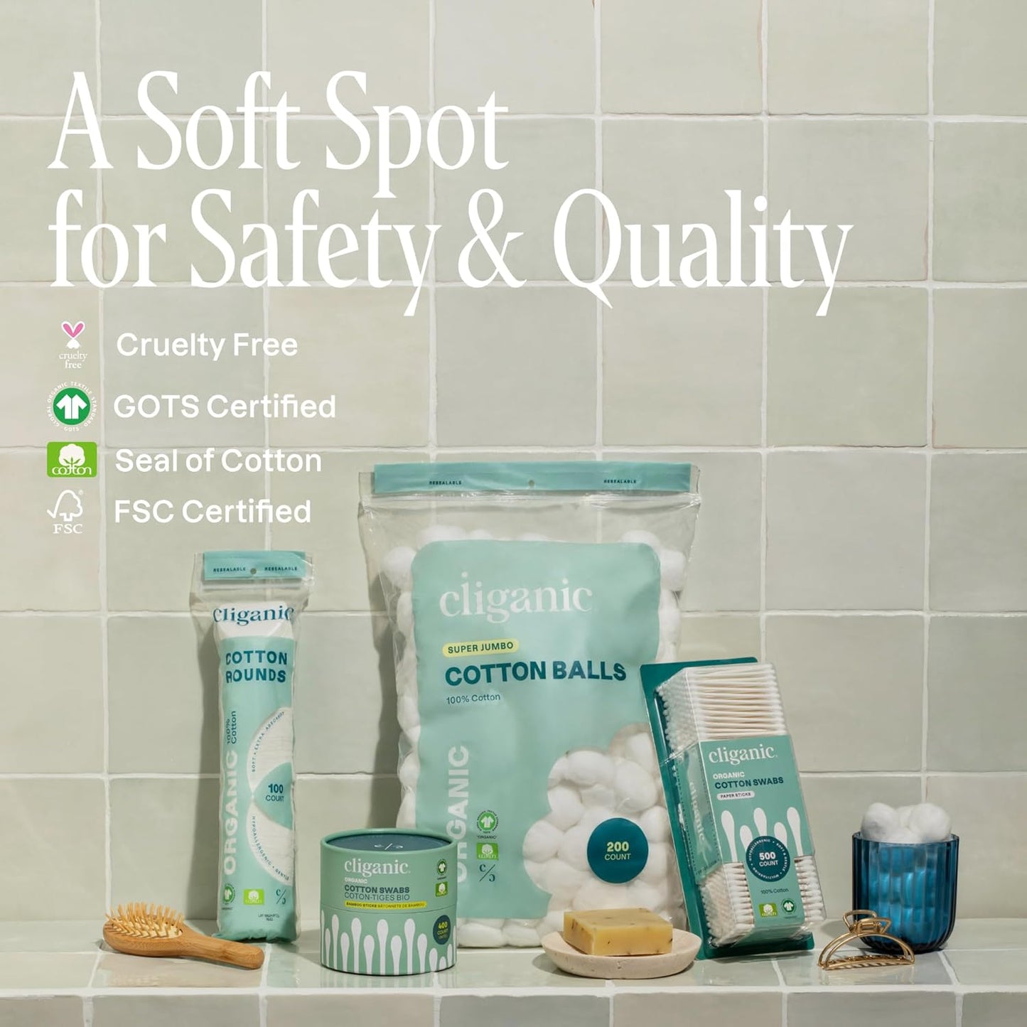 Cliganic Organic Bamboo Cotton Swabs, 200 Count - 100% Pure Natural Cotton, Chlorine-Free Hypoallergenic, Soft, Gentle & Absorbent Buds