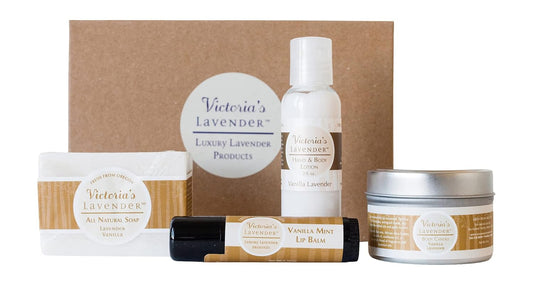 Victoria's Lavender Natural Body Products Gift Set - Handmade Soap, Hand & Body Lotion, Lip Balm, Body Candle Skin Care Sets & Kits, Lavender Bath and Body Products for Women, Vanilla Lavender